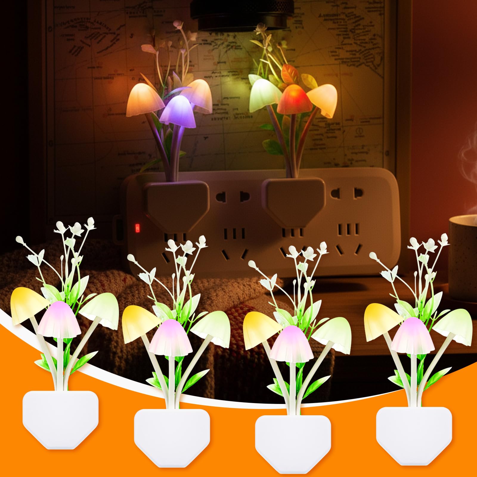 Mudder 4 Pcs Sensor Mushroom Night Lights LED Night Lights 7 Color Changing Plug-in Light Sensor Wall Lamp for Adults Bedroom, B