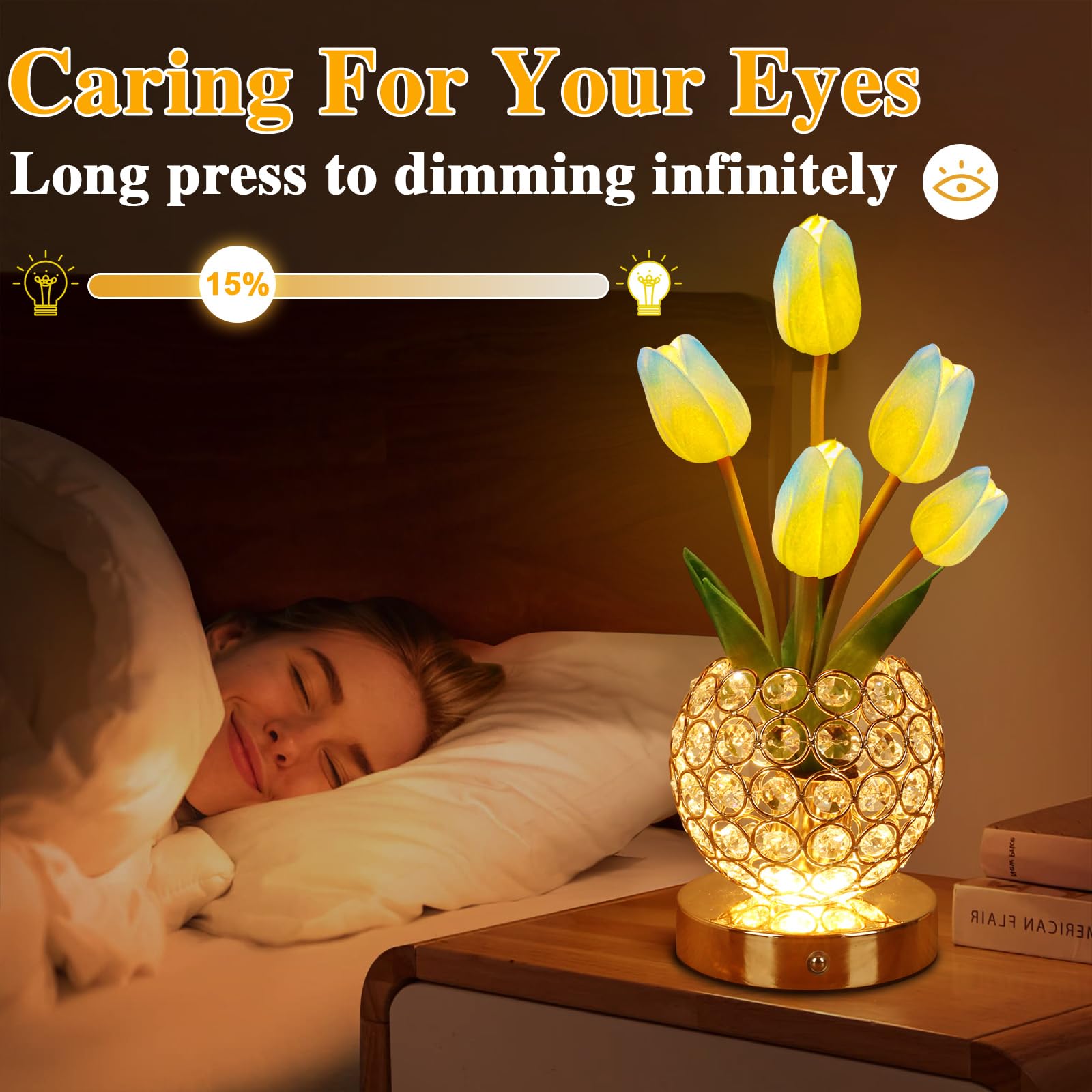 Zqpbled Birthday Gifts For Women/Mom Table Lamp, 3 Color Crystal Flower Bedside Lamps Infinitely Dimming With Usb Charge Small N