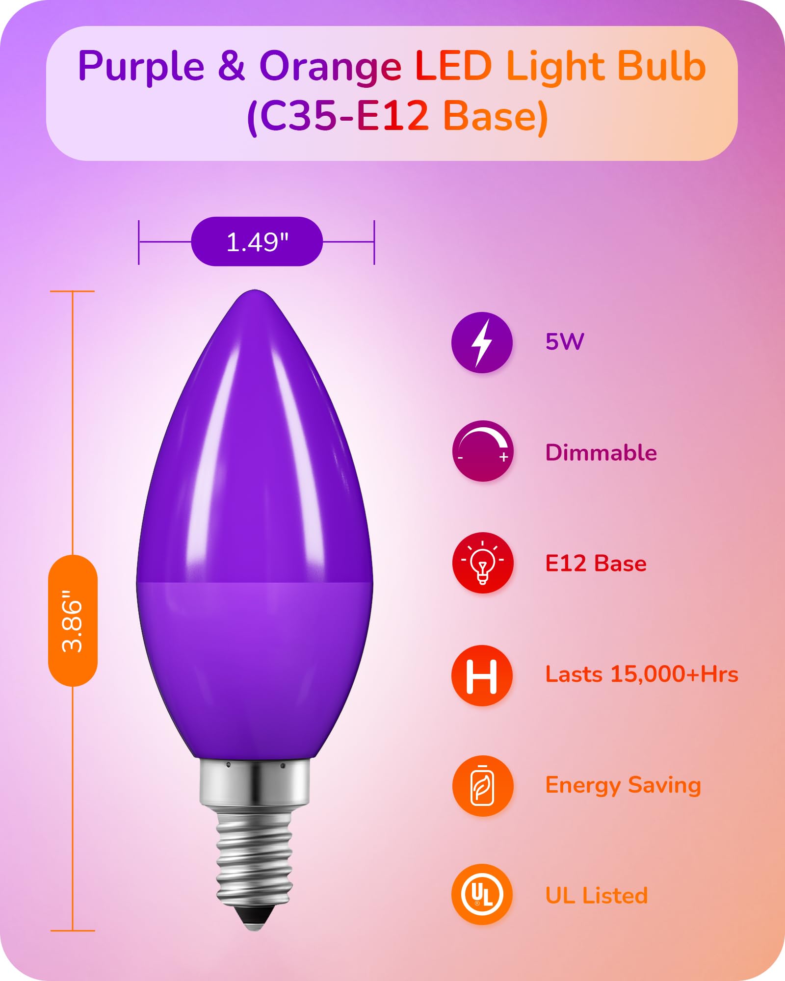 EDISHINE Halloween C35 Purple & Orange Dimmable LED Light Bulb, E12 Candelabra Bulbs, 60 Watt Equivalent, LED Chandelier Bulb, V
