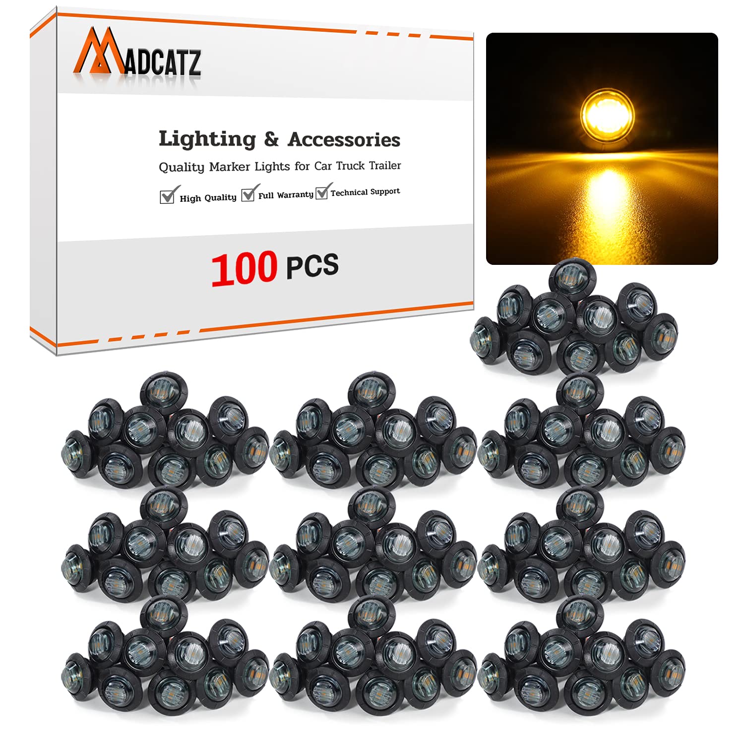 MADCATZ 100 PCS 3/4" Round LED Clearance Light for Trailer Truck RV Van - Smoked Lens Amber