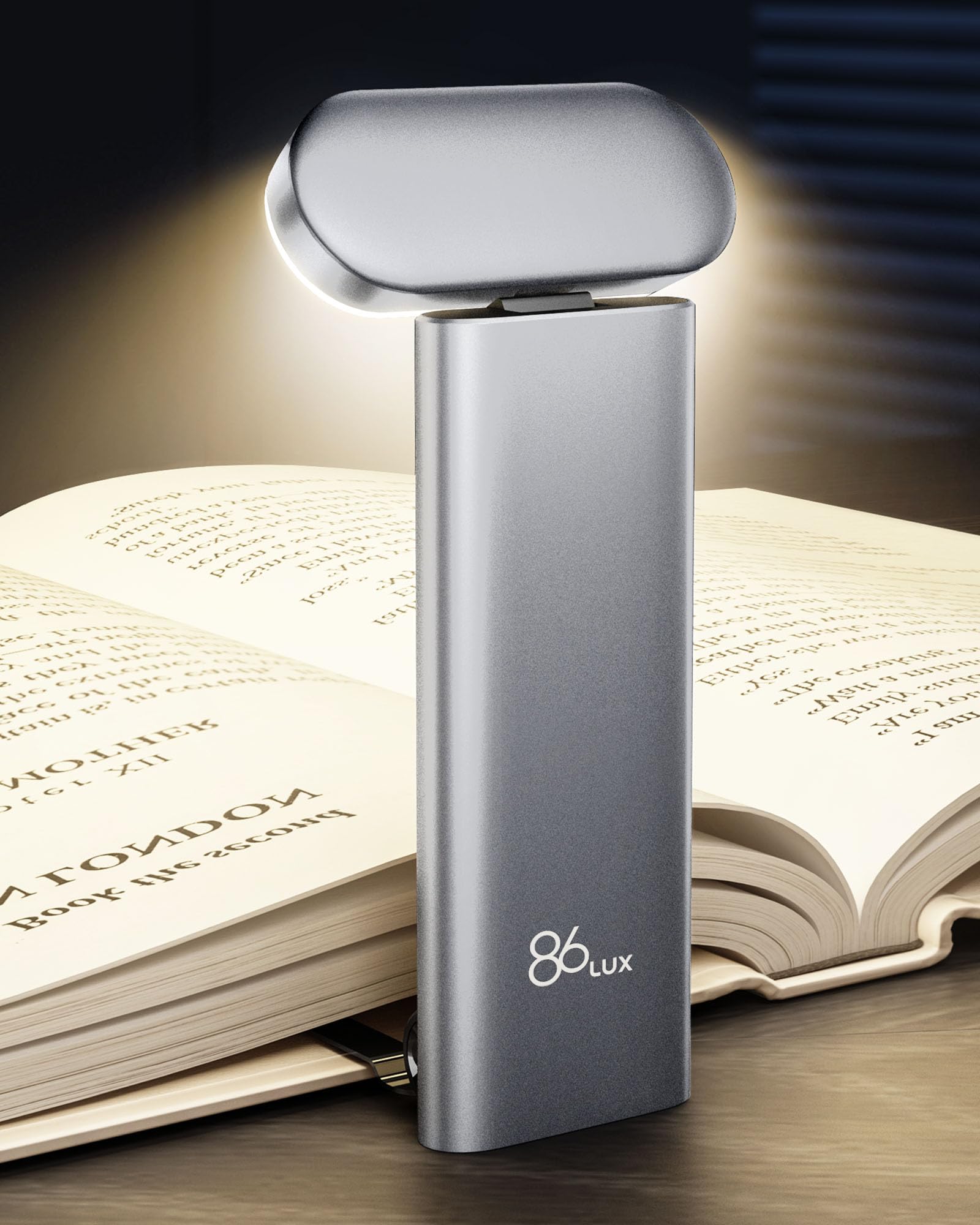 86lux Book Light, USB Rechargeable LED, 3 Colors & Dimming, Model OK25, Silver White