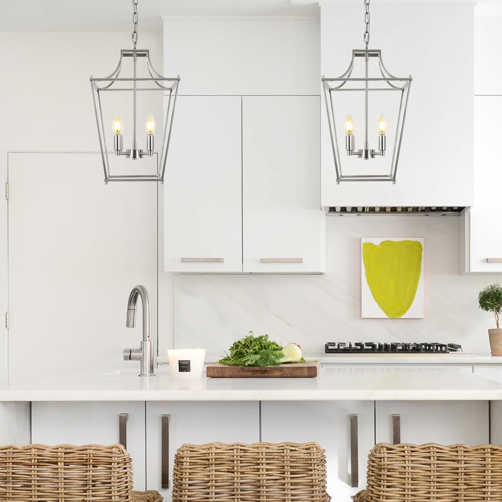 Foucasal Lantern Pendant Lights, 12'' Brushed Nickel Pendant Light Fixtures, 4-Light Adjustable Pendant Lighting For Kitchen Isl