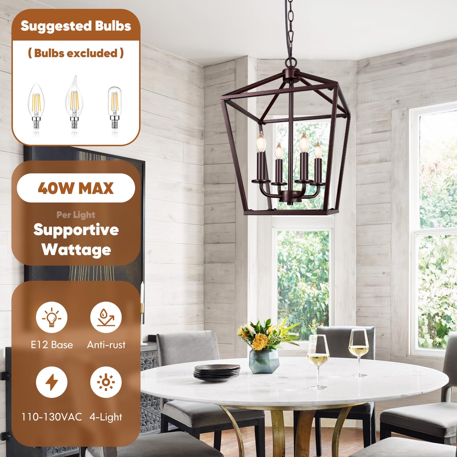 Farmhouse Chandelier 4-Light  Oil-Rubbed Bronze Pendant Light Fixture For Kitchen Island Dining Room  Lantern Industrial Lighting Ceiling Hanging With Metal Cage Adjustable Height For Entryway Foyer