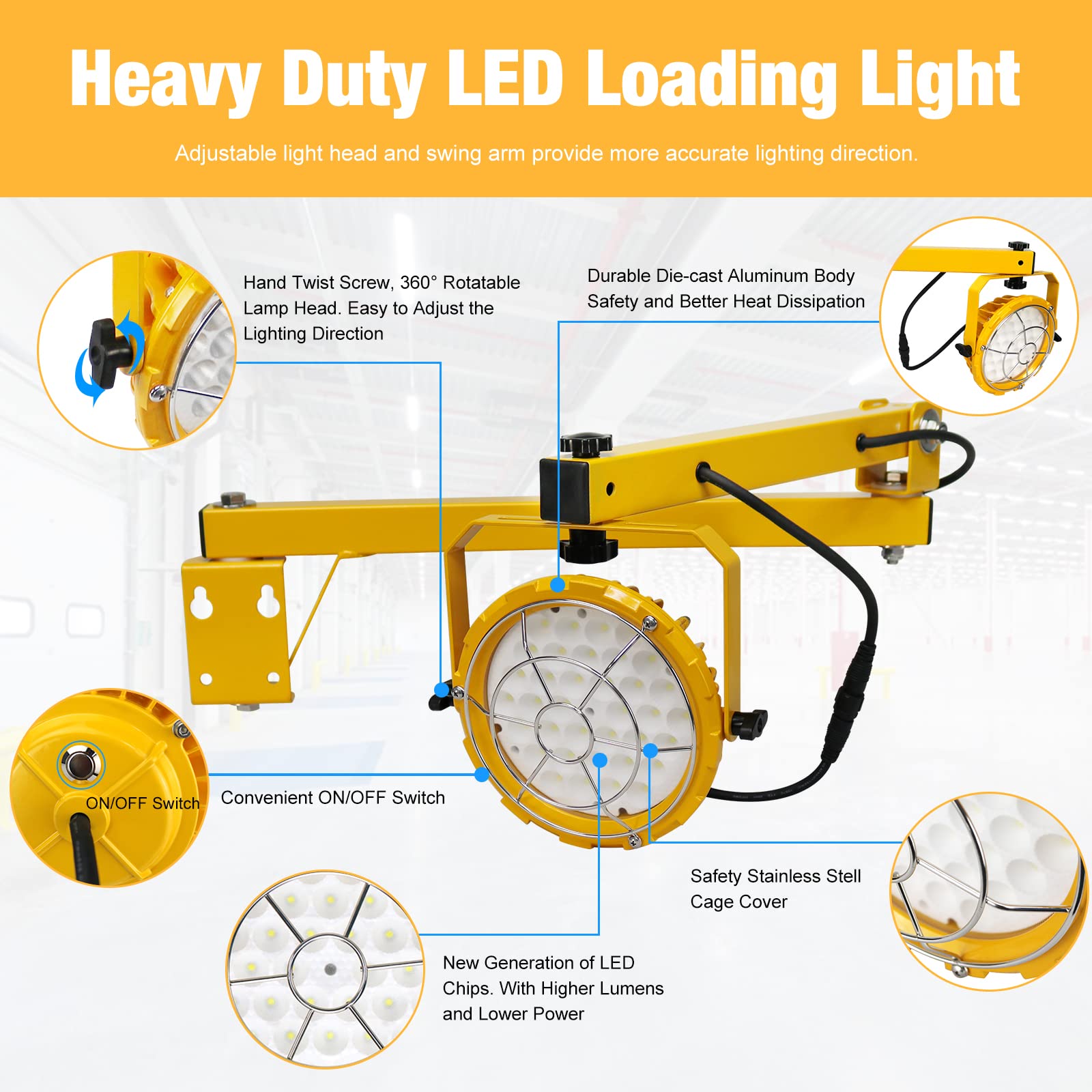 G Gjia 60W 6600Lm Led Loading Dock Lights With 40'' Swing Folding Single Arm, Ac100-277V, 360 Rotatable Led Lamp Head, Etl Liste