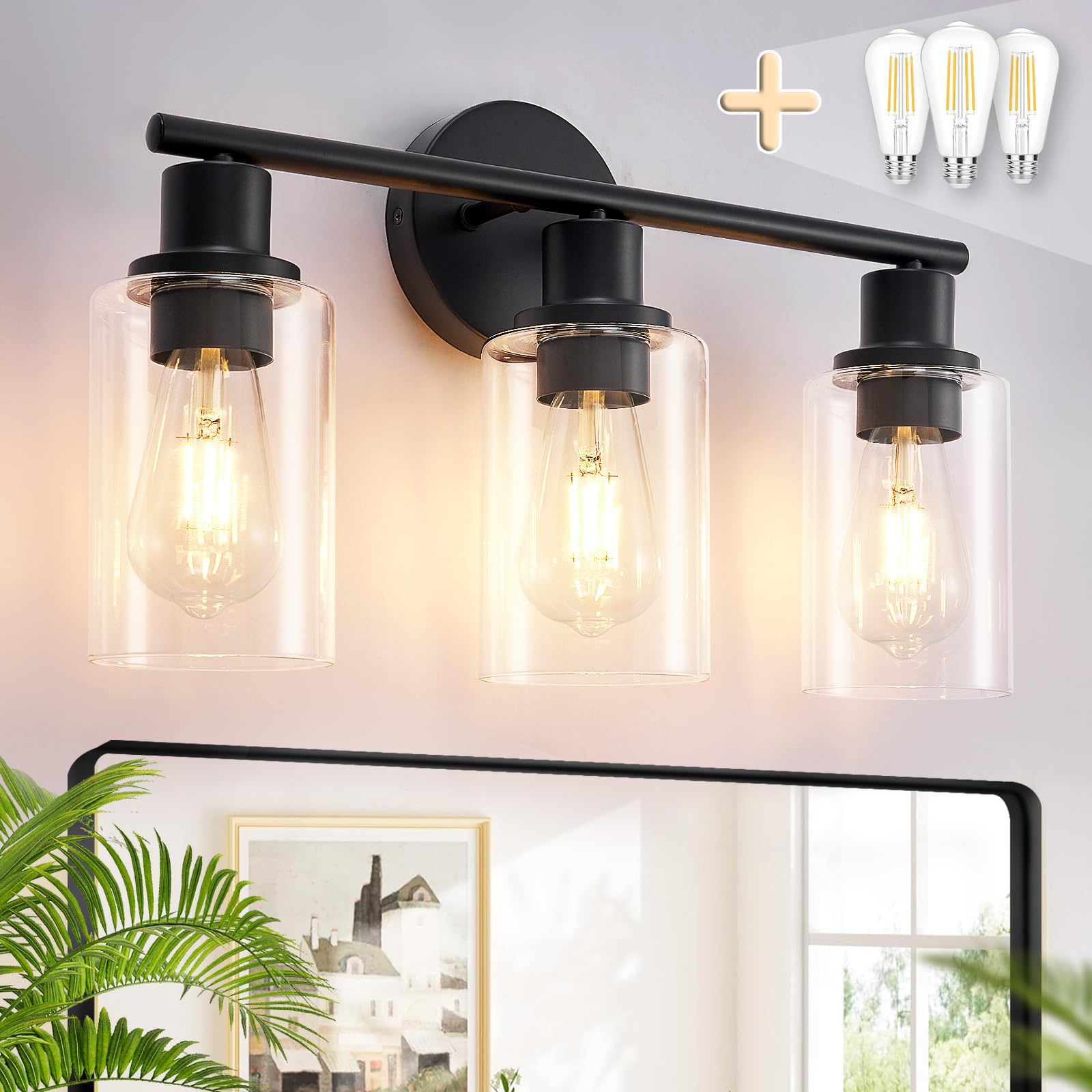Dllt 3-Light Bathroom Light Fixtures: Black Modern Vanity Lights With 3 E26 Bulbs - Clear Glass Shade Bathroom Wall Lamp For Mir