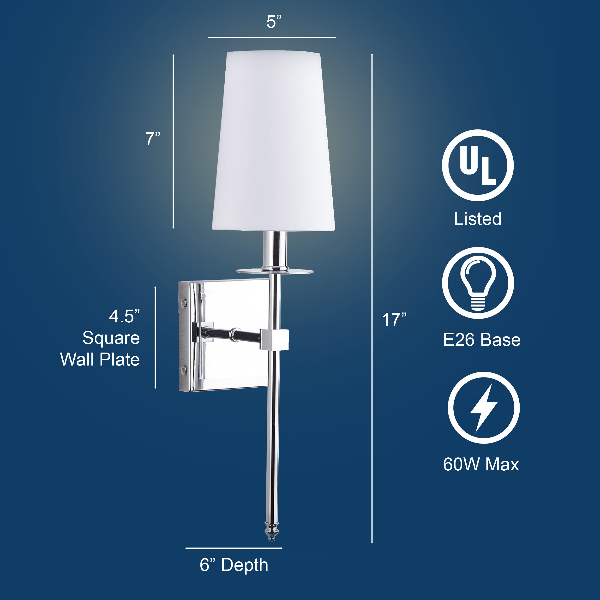 Linea di Liara Chrome Wall Sconce, Modern Brass Lighting with White Fabric Shade, UL Listed, Model LL-SC425-PC