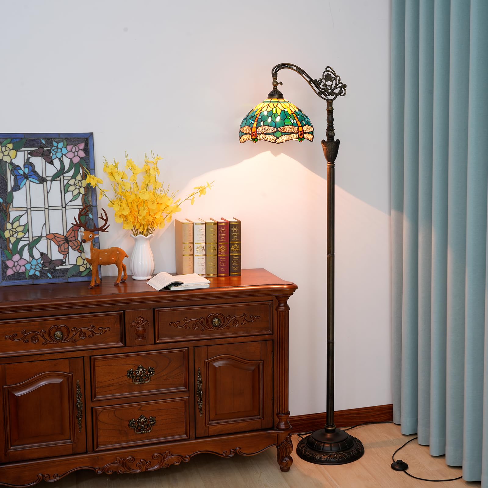Blivuself Tiffany Floor Lamp - Green Dragonfly Stained Glass, Adjustable Gooseneck, 63" Tall for Living Room, Bedroom, Office