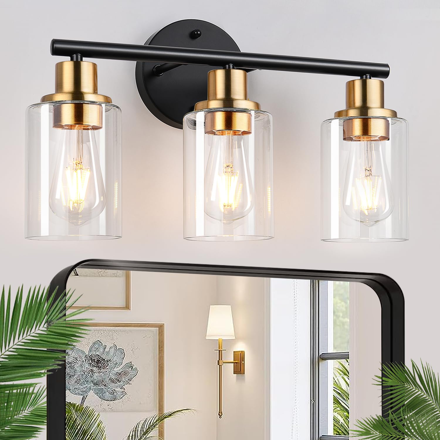 3-Light Bathroom Light Fixtures, Black and Gold Bathroom Wall Lights, Modern Bathroom Vanity Light with Clear Glass Shade, Bathr