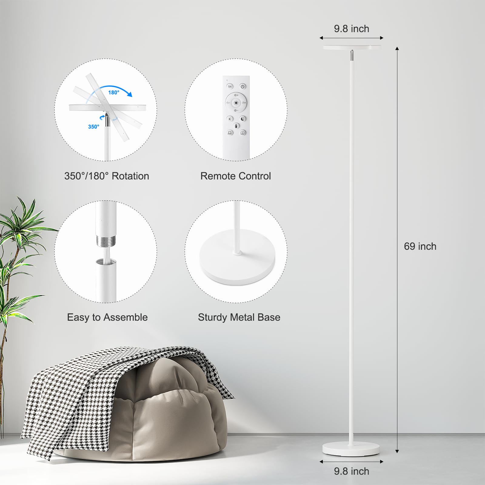 SUNMORY LED Floor Lamp, 32W/3000LM, 69" Tall Modern Torchiere, Stepless Dimmable, White, Metal - Model FLD-032-XR