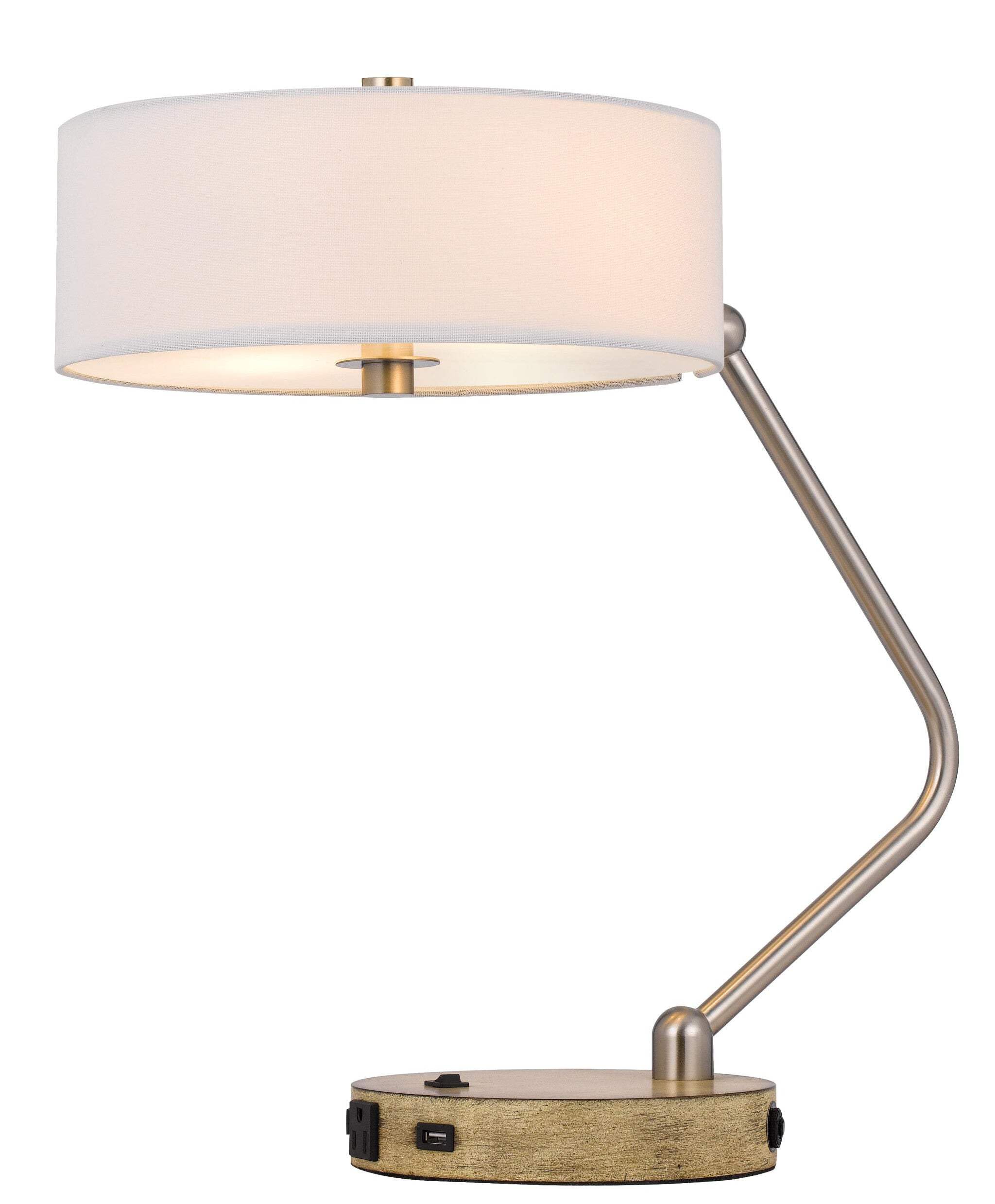 Homeroots Nickel Metal Two Light Usb Desk Lamp With White Drum Shade, Model 524743, 20 In.
