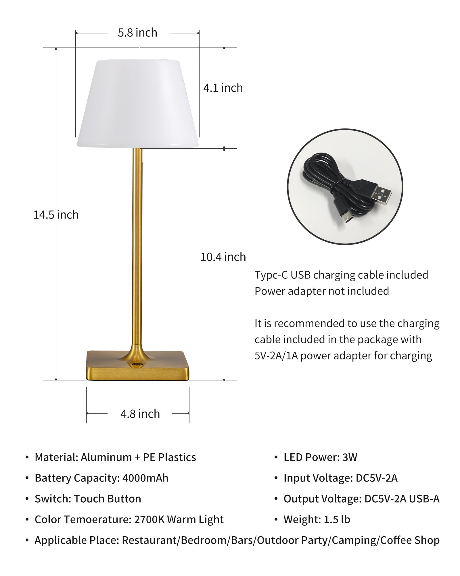 NEWSEE LED Cordless Table Lamp, Rechargeable Dimmable Light, 14.5in, Gold + White PE Plastic, Model AMZ-TBL-007