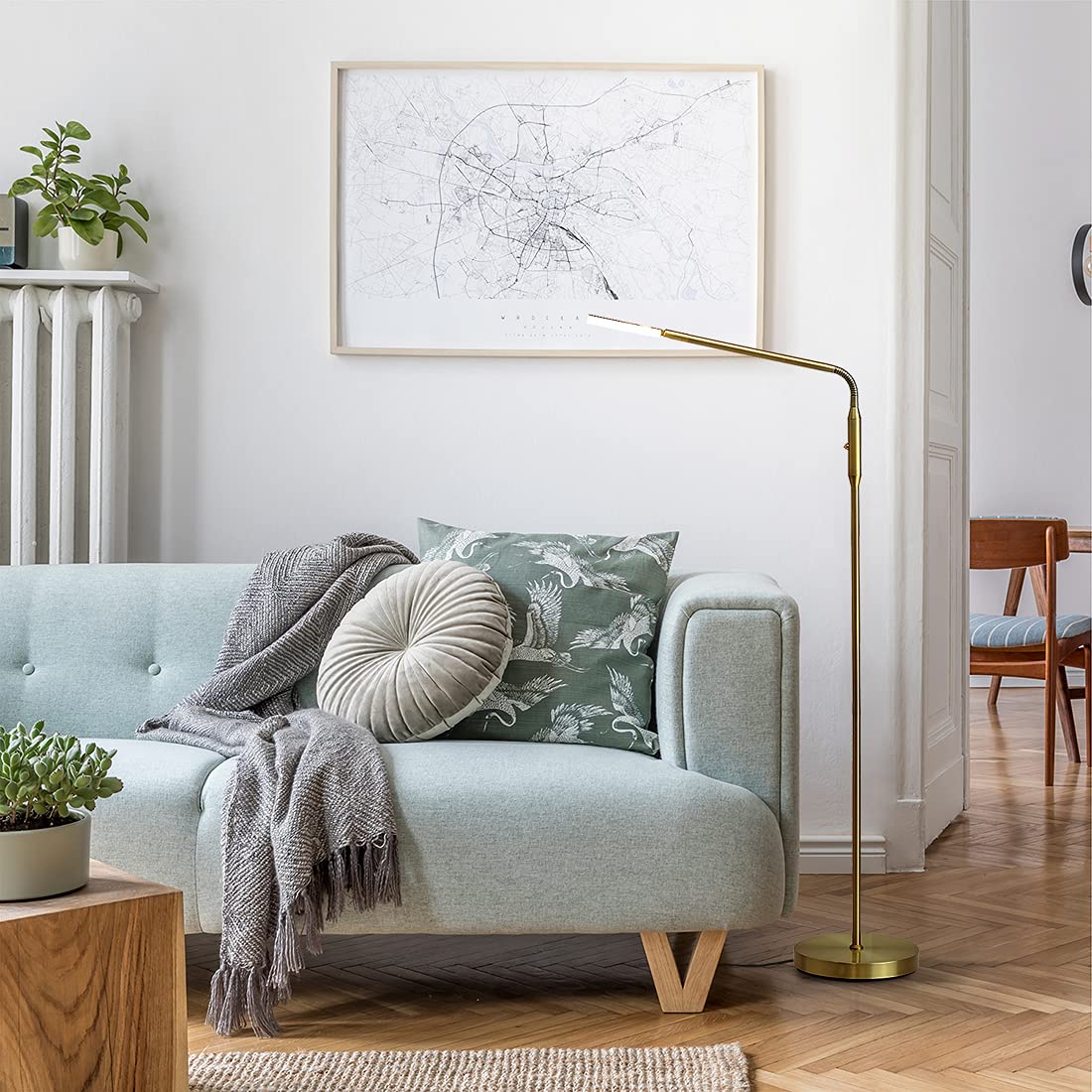 OBright Dimmable LED Floor Lamp, Adjustable Color Temperature, Antique Brass, Model OB-FL11D, 360° Flexible Gooseneck