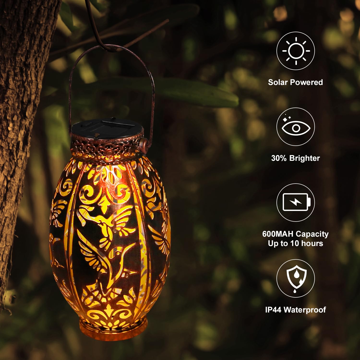 Gibmidser Solar Outdoor Lights,2 Pack Solar Garden Lanterns Waterproof, Led Hanging Lantern Hummingbird Pattern, Decorative Retro Metal Solar Lights For Table Patio Yard Pathway Walkway Gifts