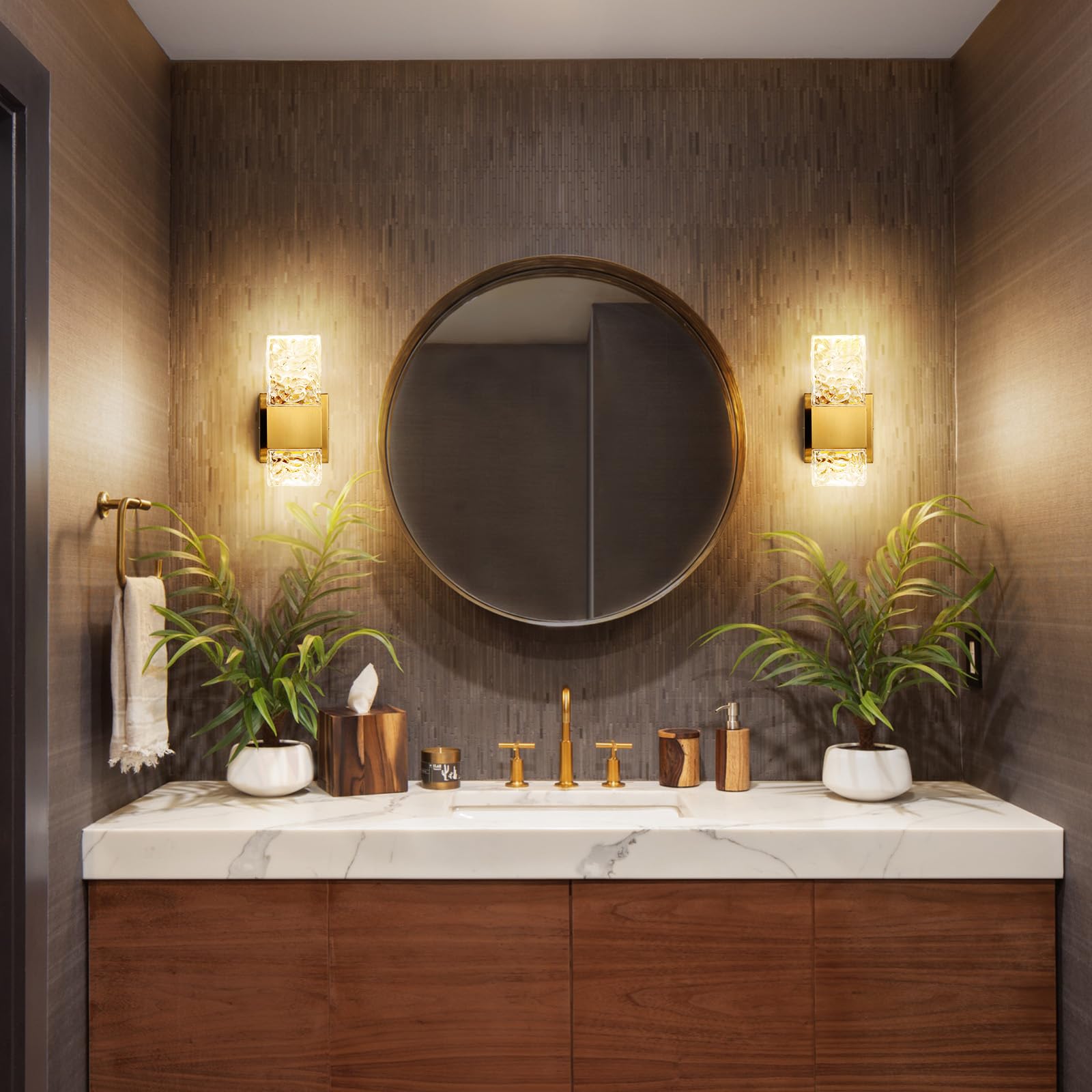 Epinl Gold Wall Sconces - Modern Crystal Lighting Fixtures, 1-Light, Hardwired, Dimmable LED, Set of 2, Model 8013WL-01GD-US-