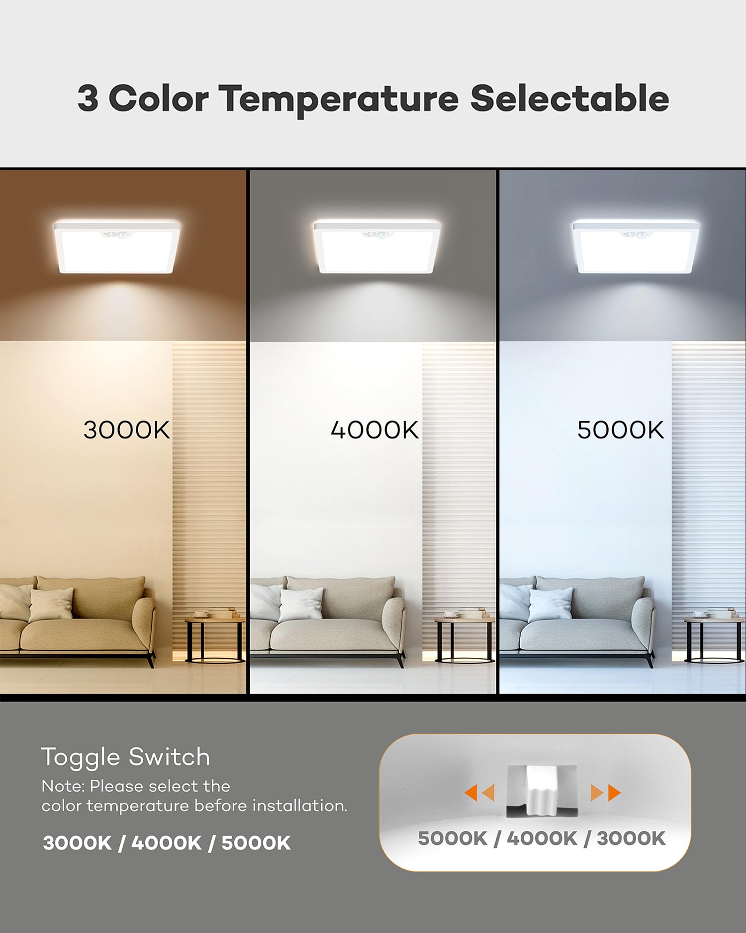 Annaror Motion Sensor Ceiling Light, 12 Inch, 3000K/4000K/5000K Selectable, 24W, Flush Mount, White, Model LS-CL-I