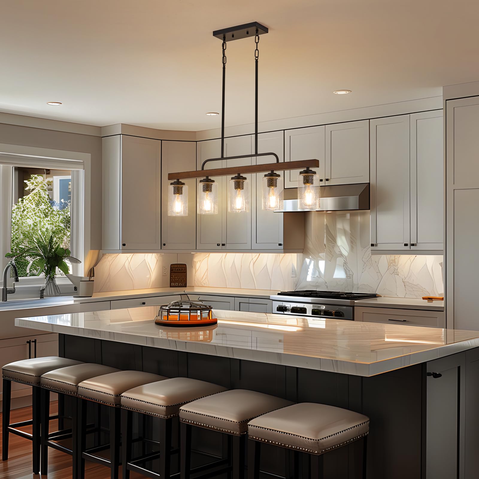 Farmhouse Chandelier 5-Light Dining Room Light Fixture Over Table Kitchen Island Lighting Rustic Chandeliers For Dining Light With Seeded Glass Shade Wood Pendant Lights Kitchen Island