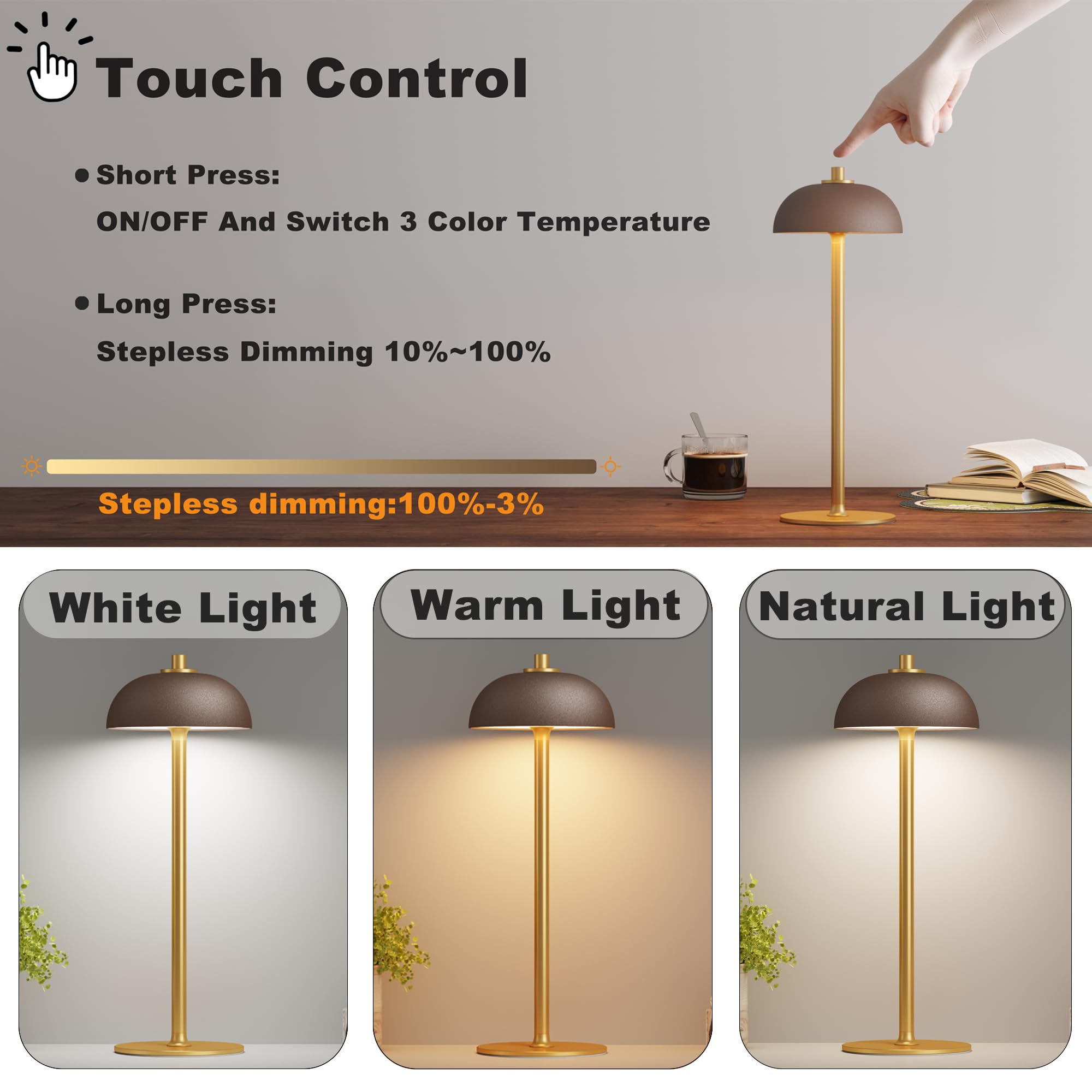 JONEMO LED Cordless Table Lamp, Rechargeable 5000mAh, 3 Color Dimming, Brown, Model MOGU, Perfect for Outdoor & Home Use