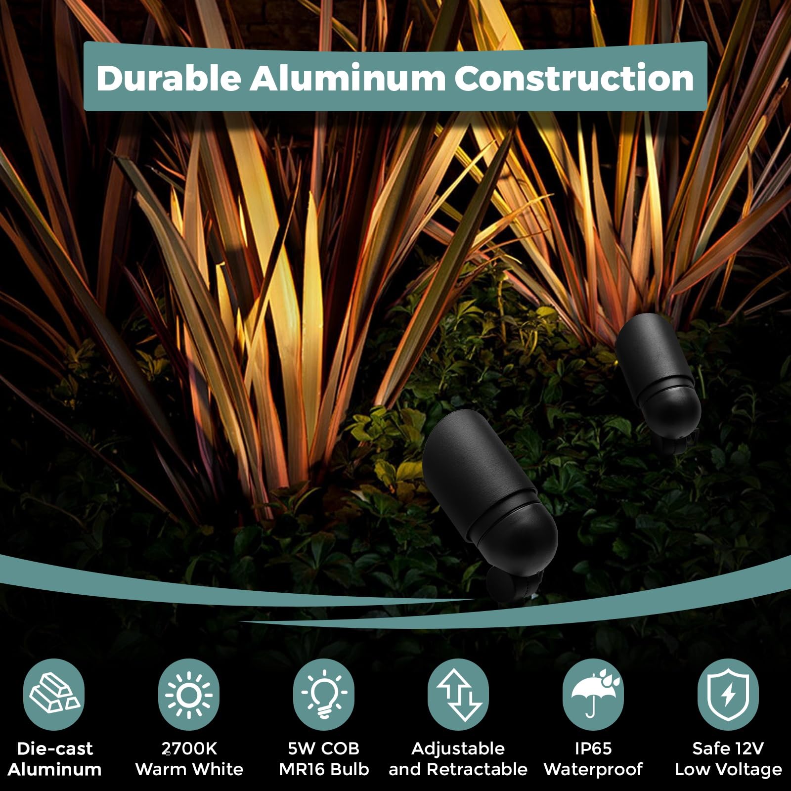 Gardencoin Low Voltage Landscape Spotlight, 12V LED, 2 Pack, Aluminum, Black, Model APC-9600