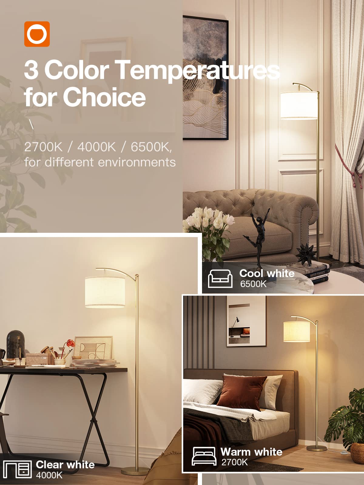 addlon Floor Lamp with Beige Linen Shade, 63in Brass Gold Metal, Modern Design