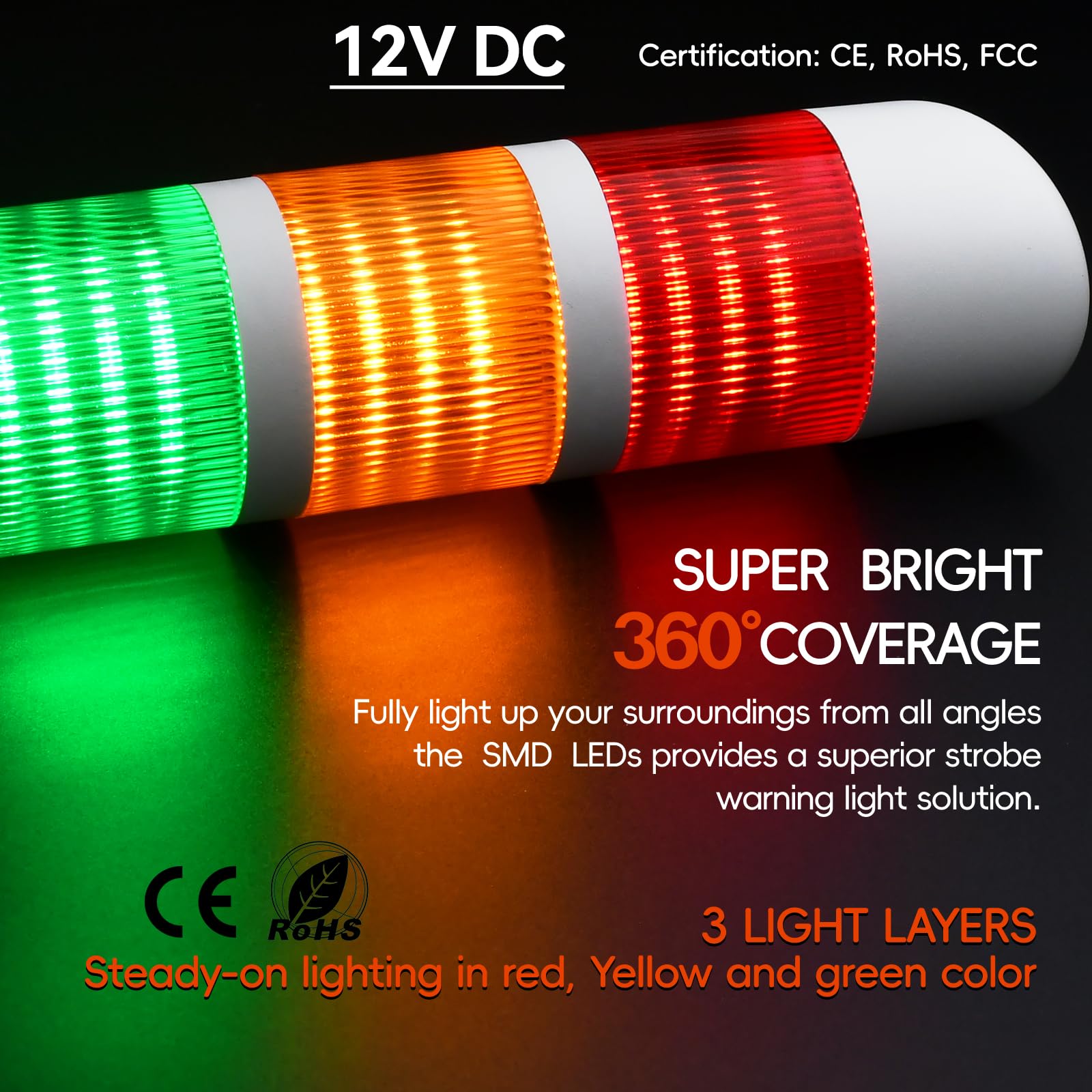 ZGSZJHF 12V Signal Tower Stack Lights 3-Layer Led Industrial Warning Lights, Column Tower Lamp with Rotatable Base Steady 12V DC