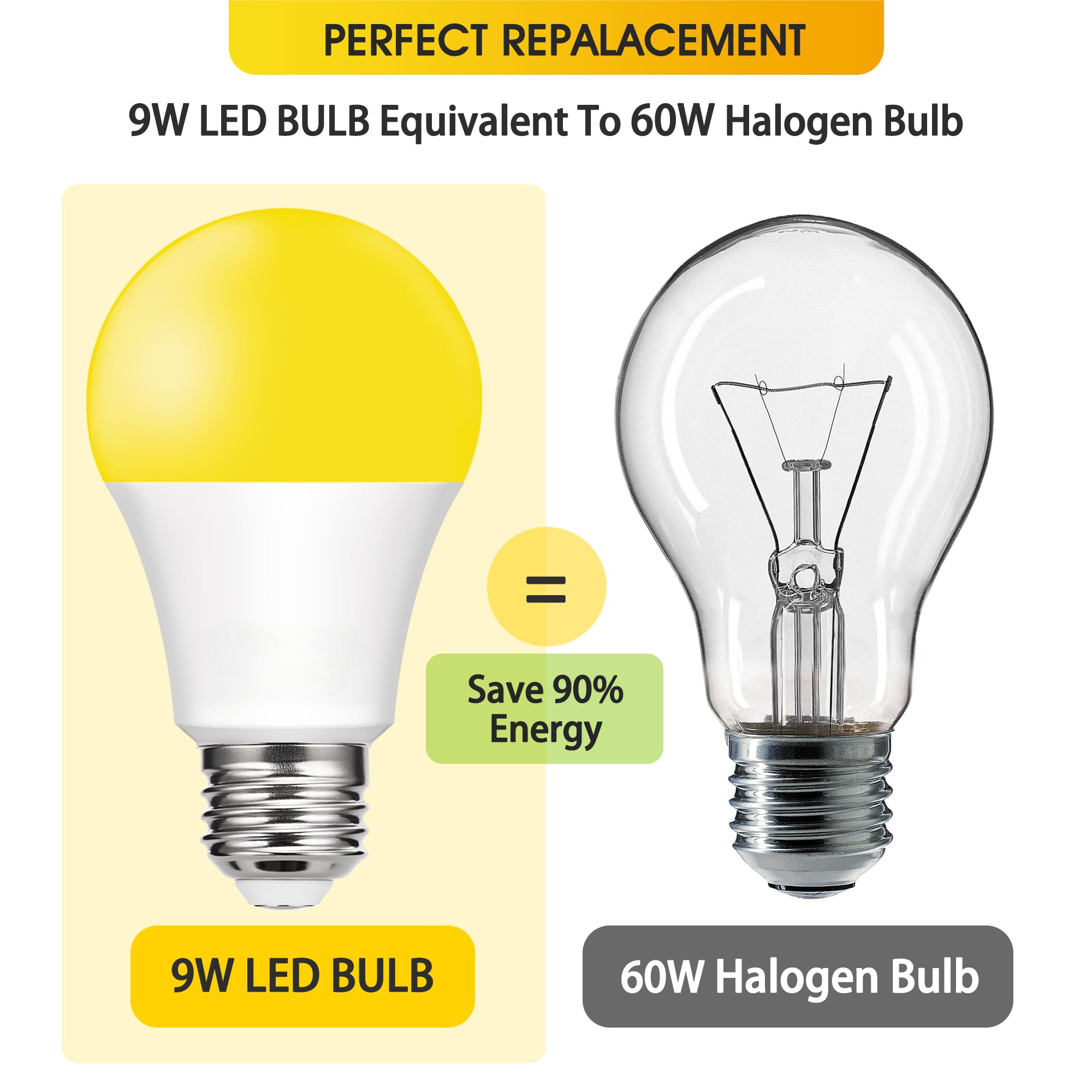 Baczao Yellow Bug Light Bulbs Outdoor, 9W (60W Equivalent) Amber 2000K Led Light Bulb For Outside, Backyard, Porch, Bedroom,Non-