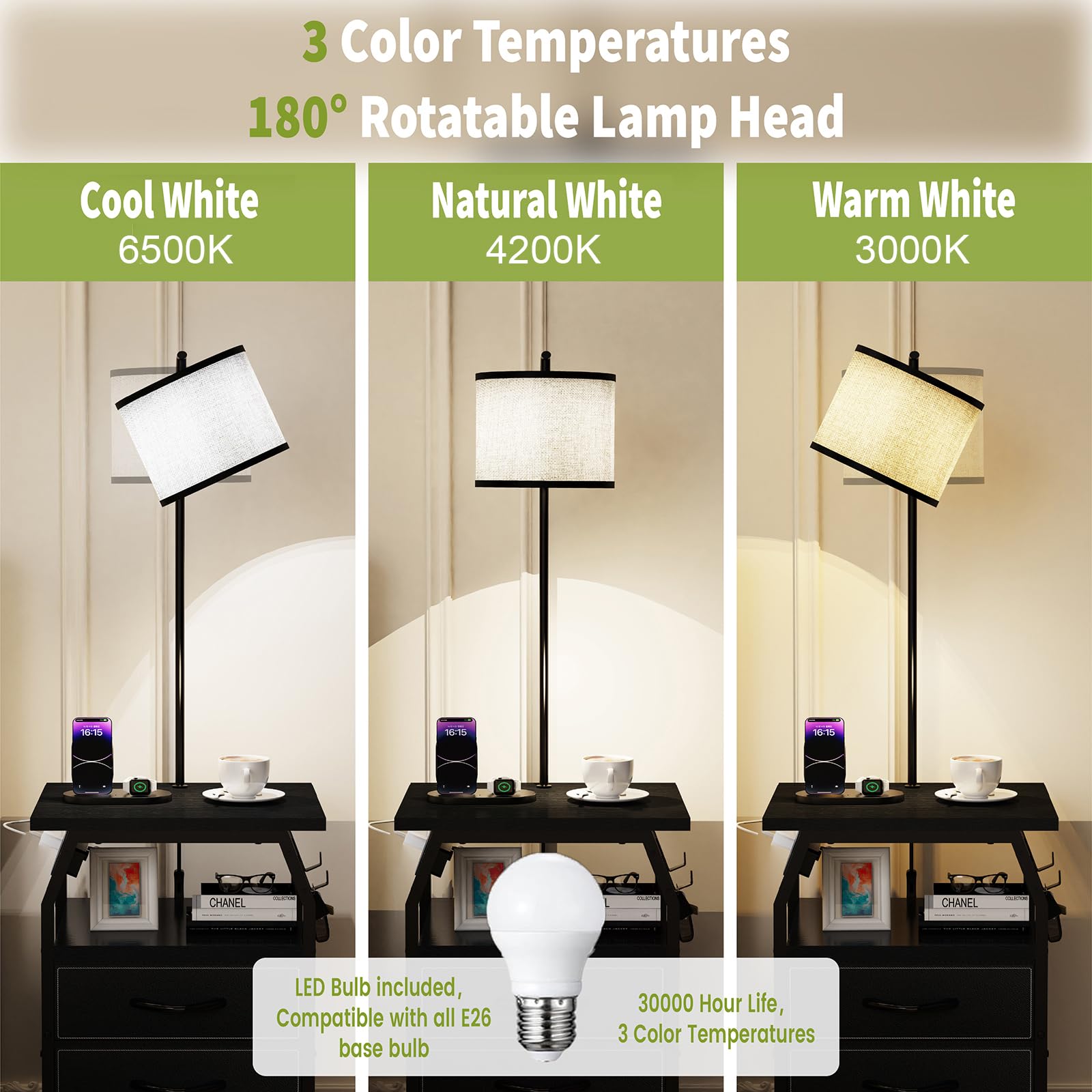 runjuly Floor Lamp & End Table Set of 2, 3-Color Temp Bulb, Black, Model AH0054, with 3 Drawers & Charging for Bedroom, Dorm
