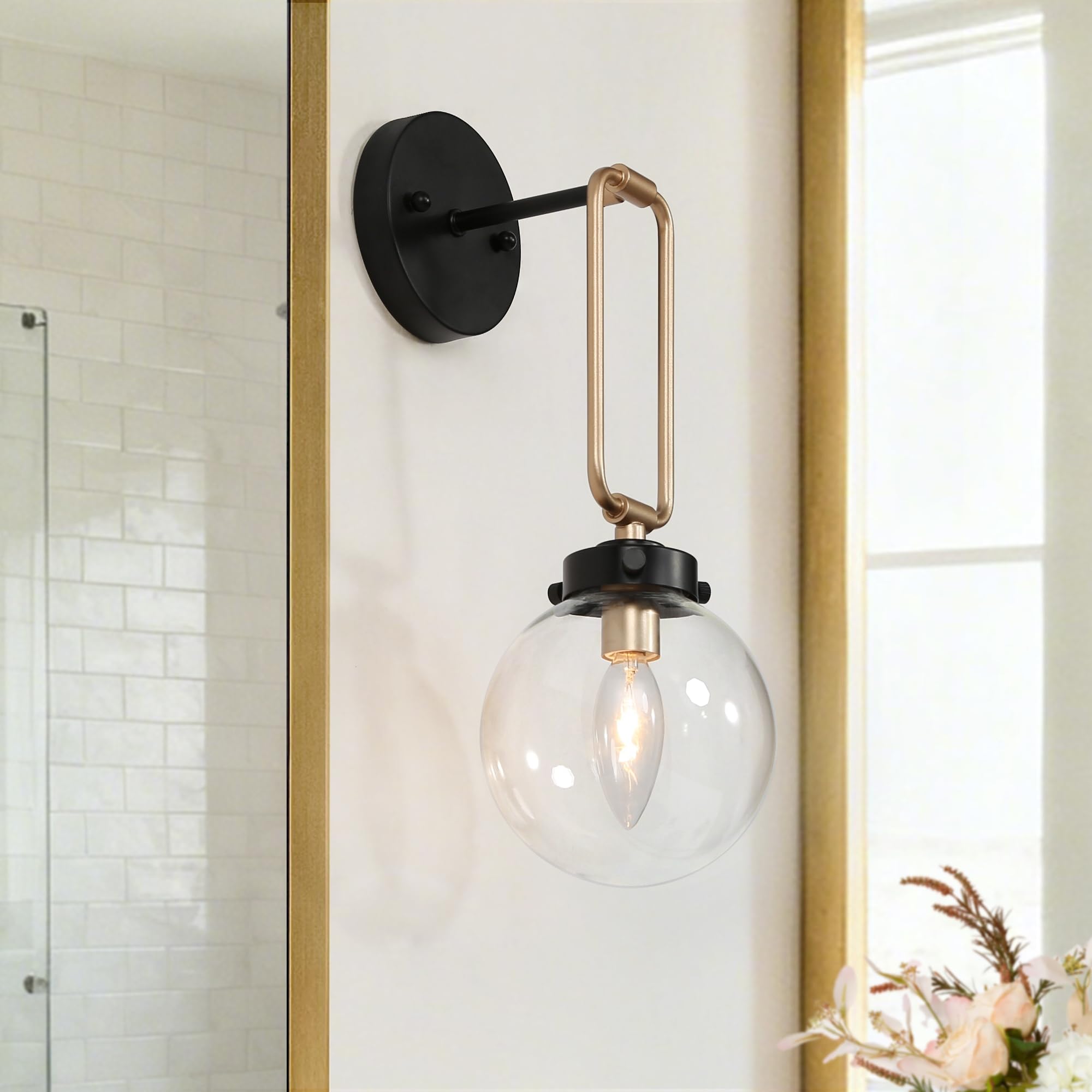 KSANA Black and Gold Wall Sconce, 1-Light Wall Mounted Light Fixtures 14.5 H Mid-Century Modern Sconce Wall Lighting for Bedroom