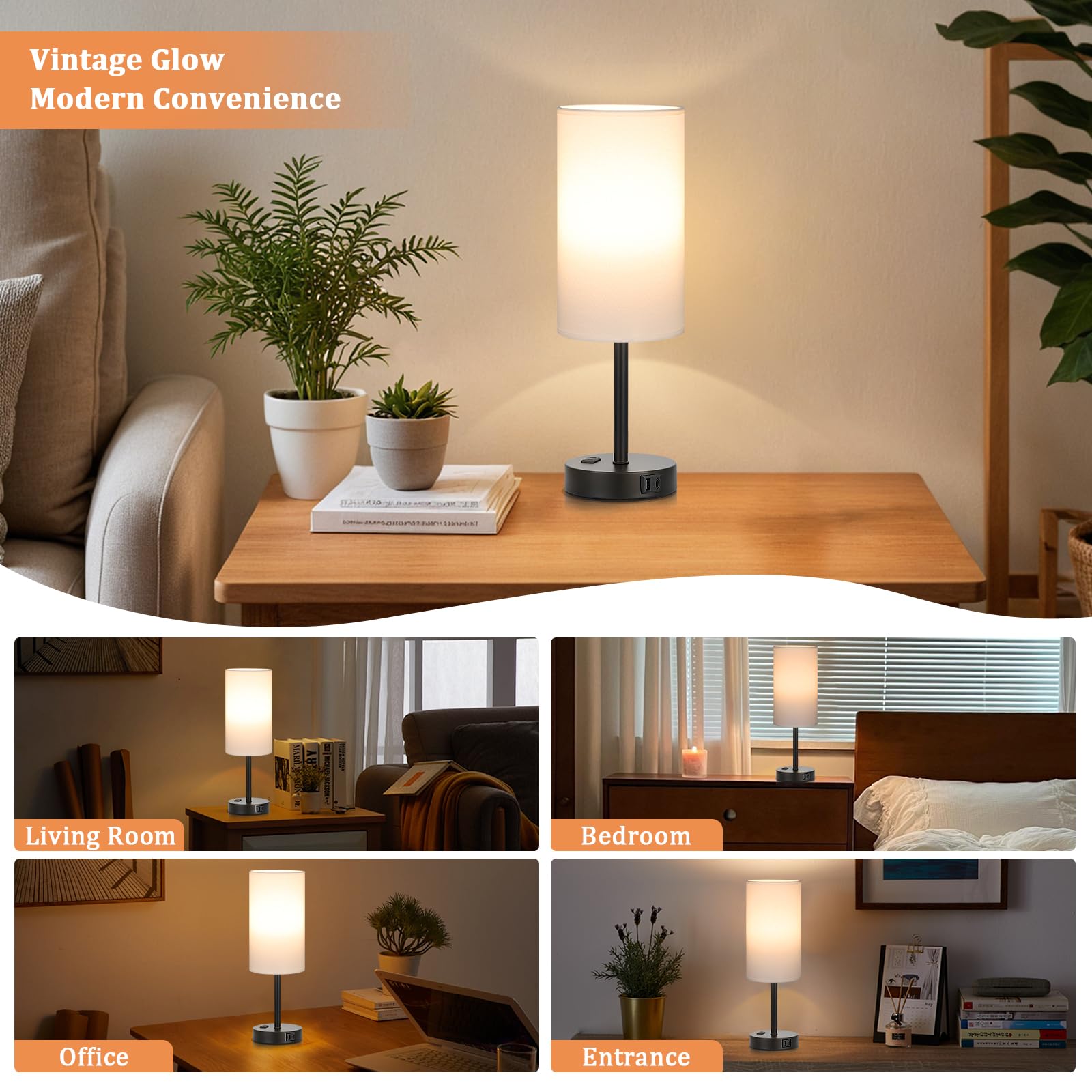 17.4Inches Tall White Bedroom Lamps Set Of 2-3 Way Dimmable Touch Table Lamps With Usb C And A Ports, Lamps For Nightstand With