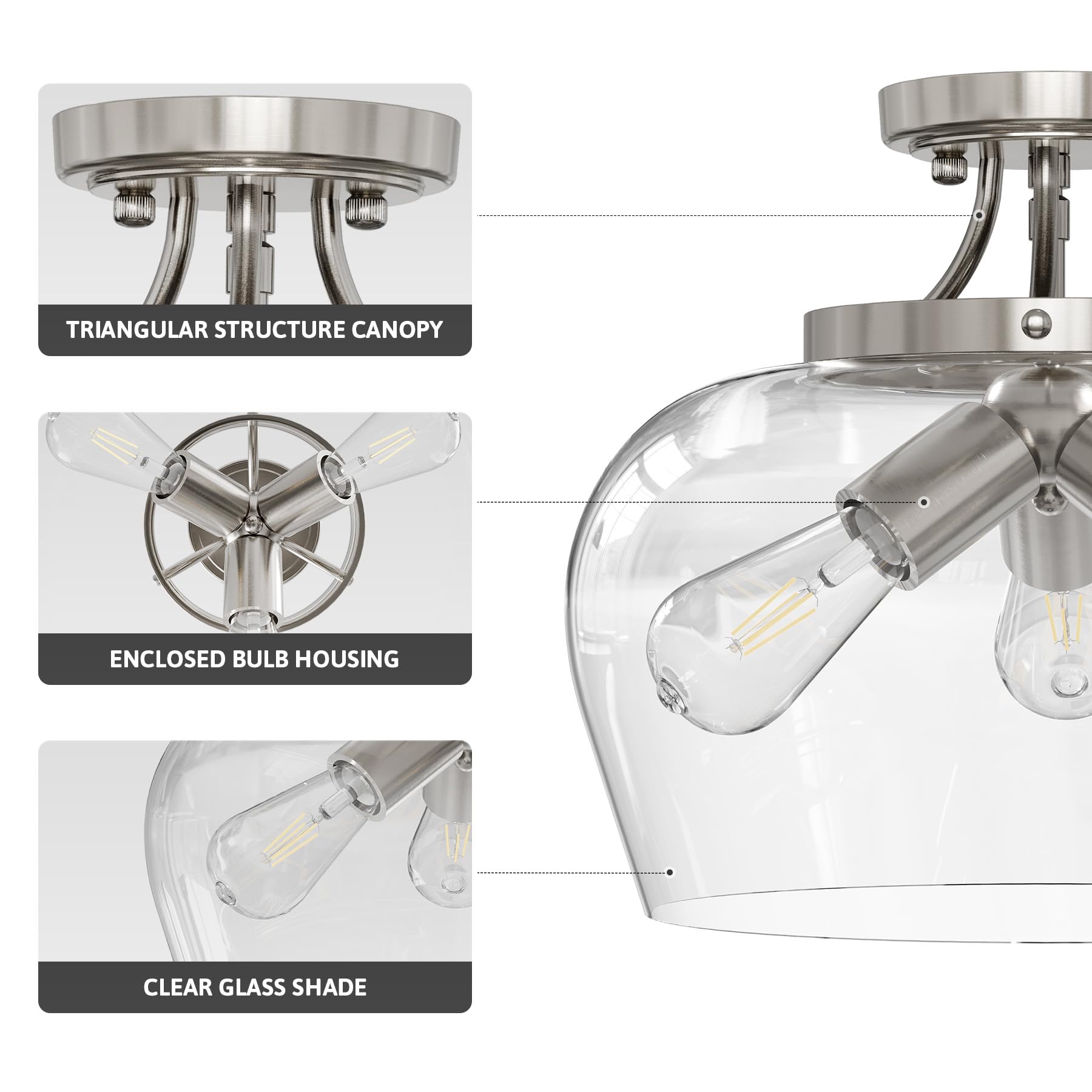 VONLUCE Semi Flush Mount Ceiling Light 13.8in Metal Brushed Nickel 3-Bulb E26 Clear Glass Shade Model VONLUCEHCF2806NI