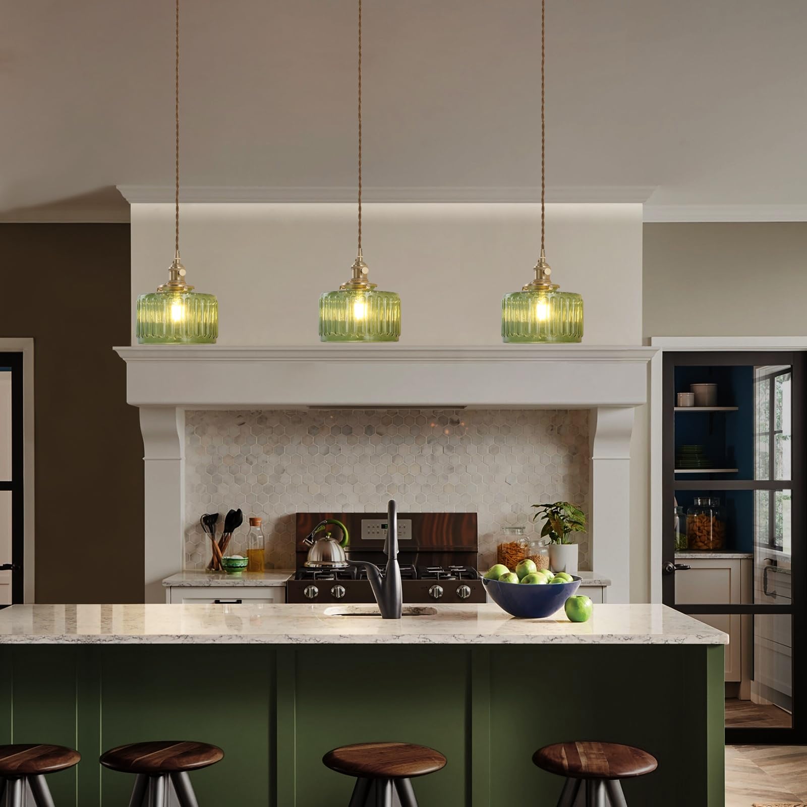 Shenmoyl Pendant Light With Green Striped Glass Lmapshade, Brass Vintage Pendant Light Adjustable Hanging Light For Kitchen Isla