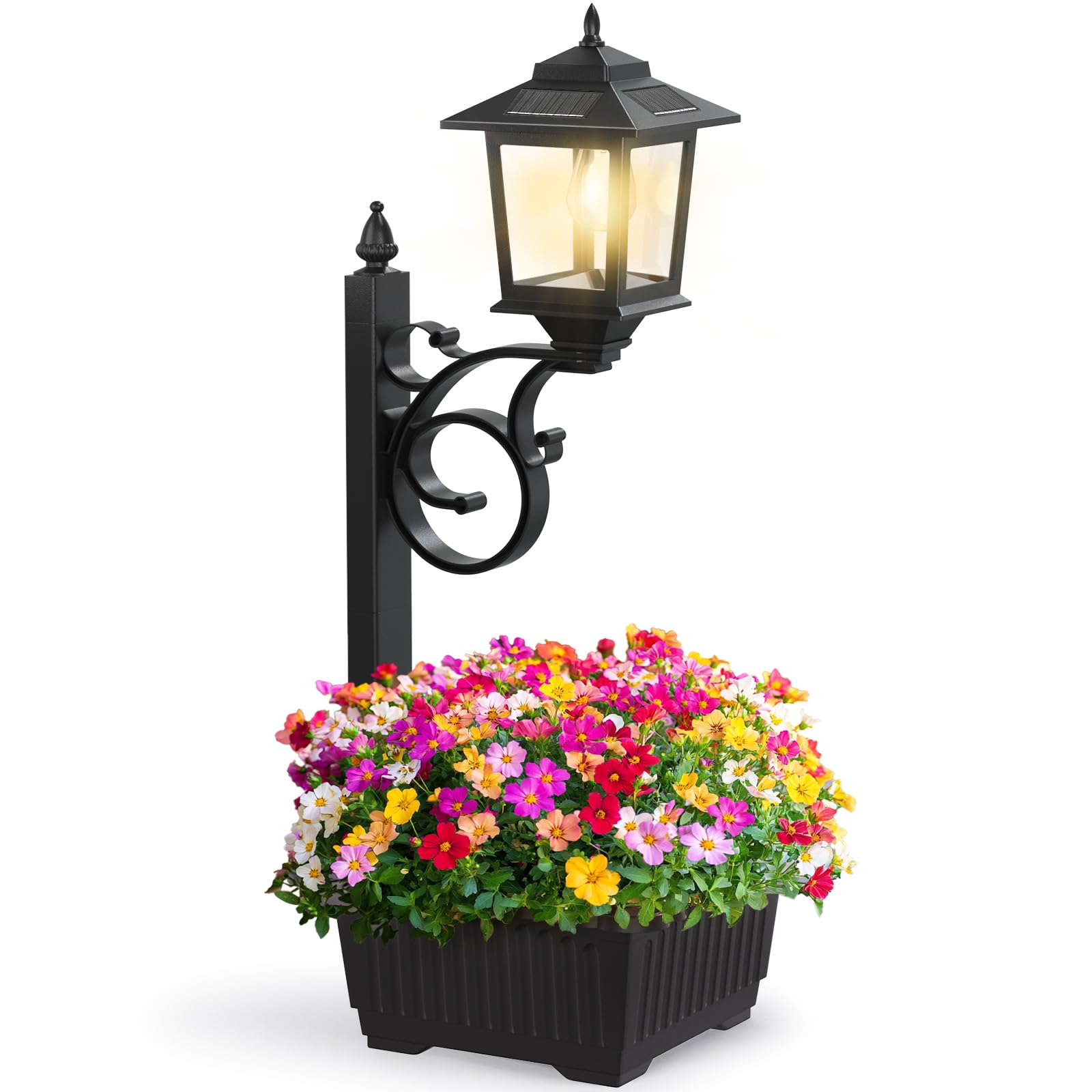 Joyoowild 2 in 1 Solar Lamp Post Light with Planter, Waterproof LED, Black, Model 05F-01