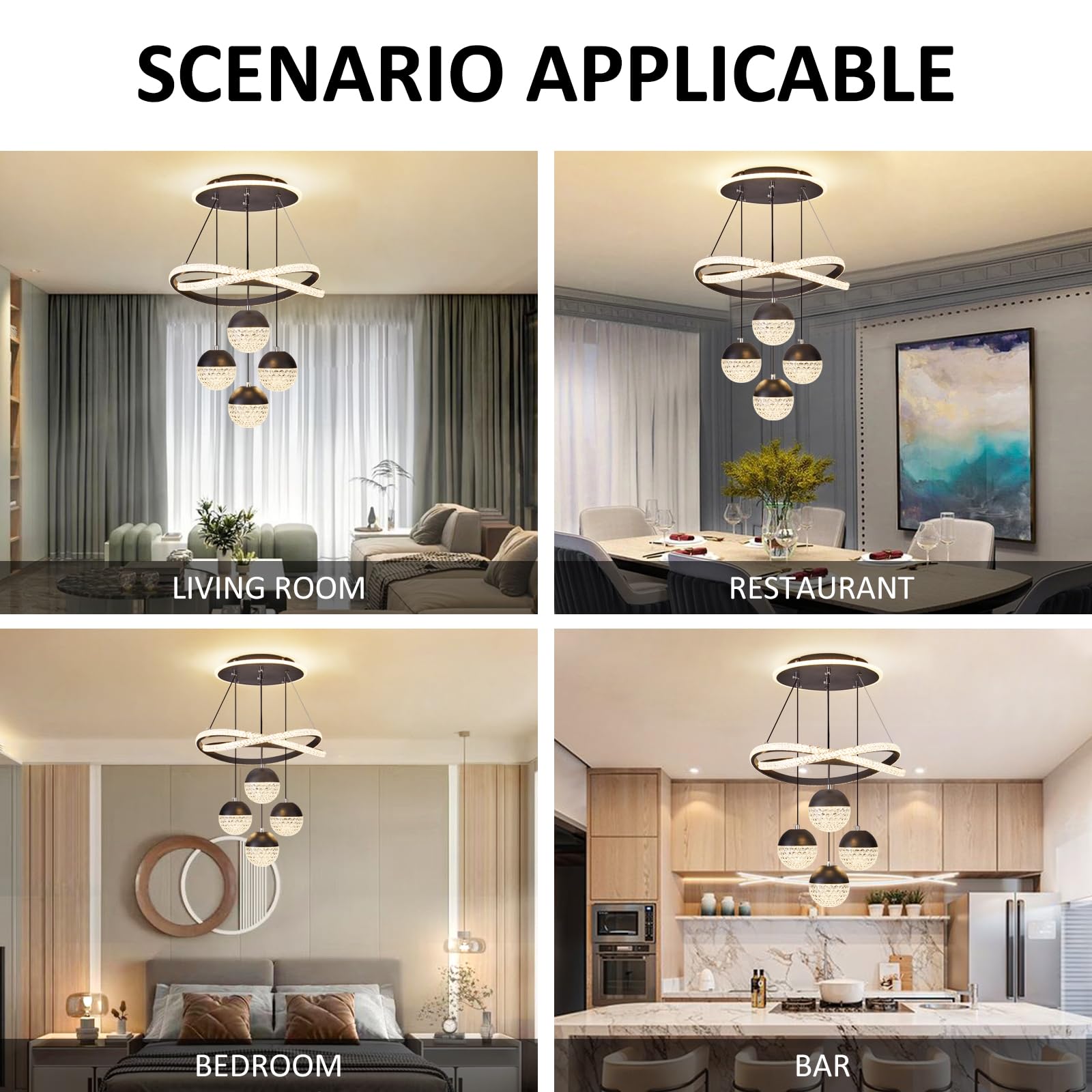 Spavzeme Modern Led Chandeliers, Dimmable 3-Color Kitchen Island Pendant Light For Dining Room, Bedroom, Living Room, Contempora