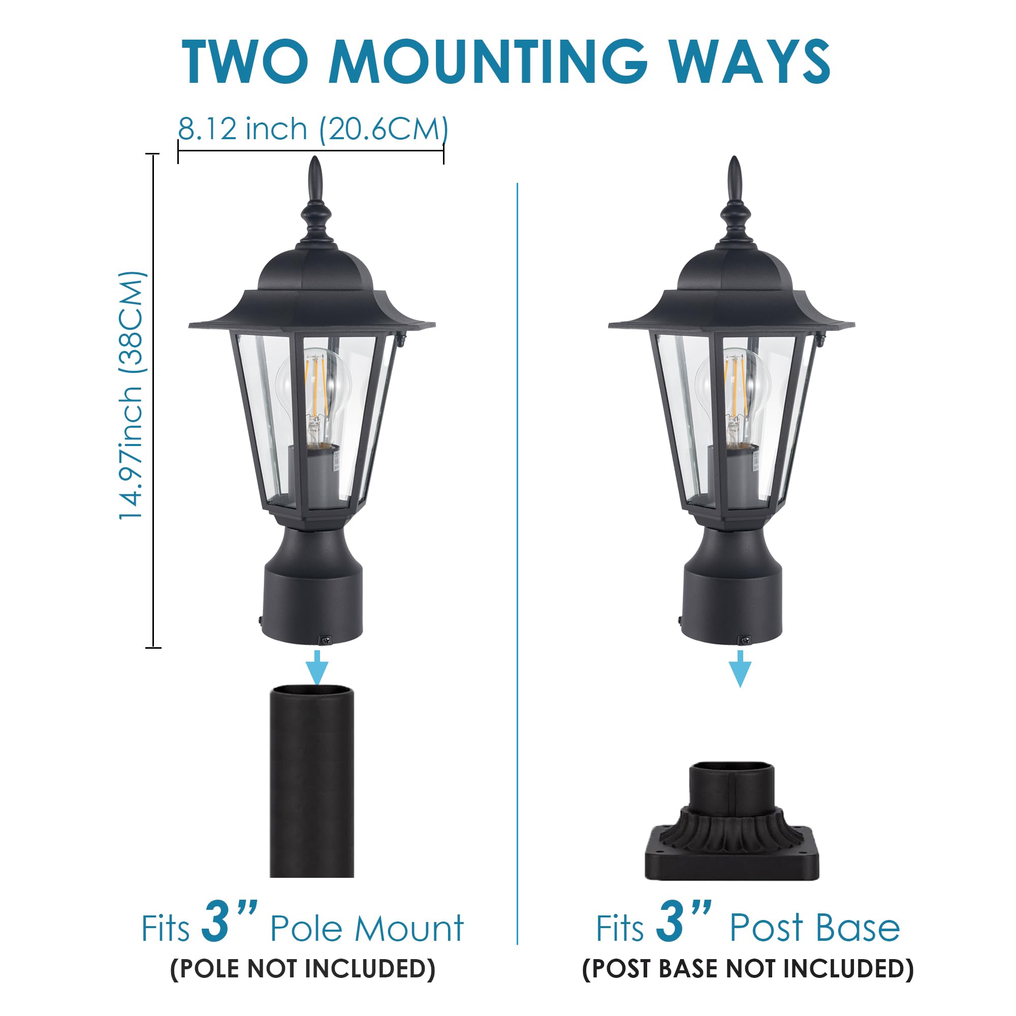 GRUENLICH Outdoor Post Lighting Fixture Pole Lantern, E26 Medium Base Max 60W, Aluminum Housing Plus Glass, Bulb Not Included, B