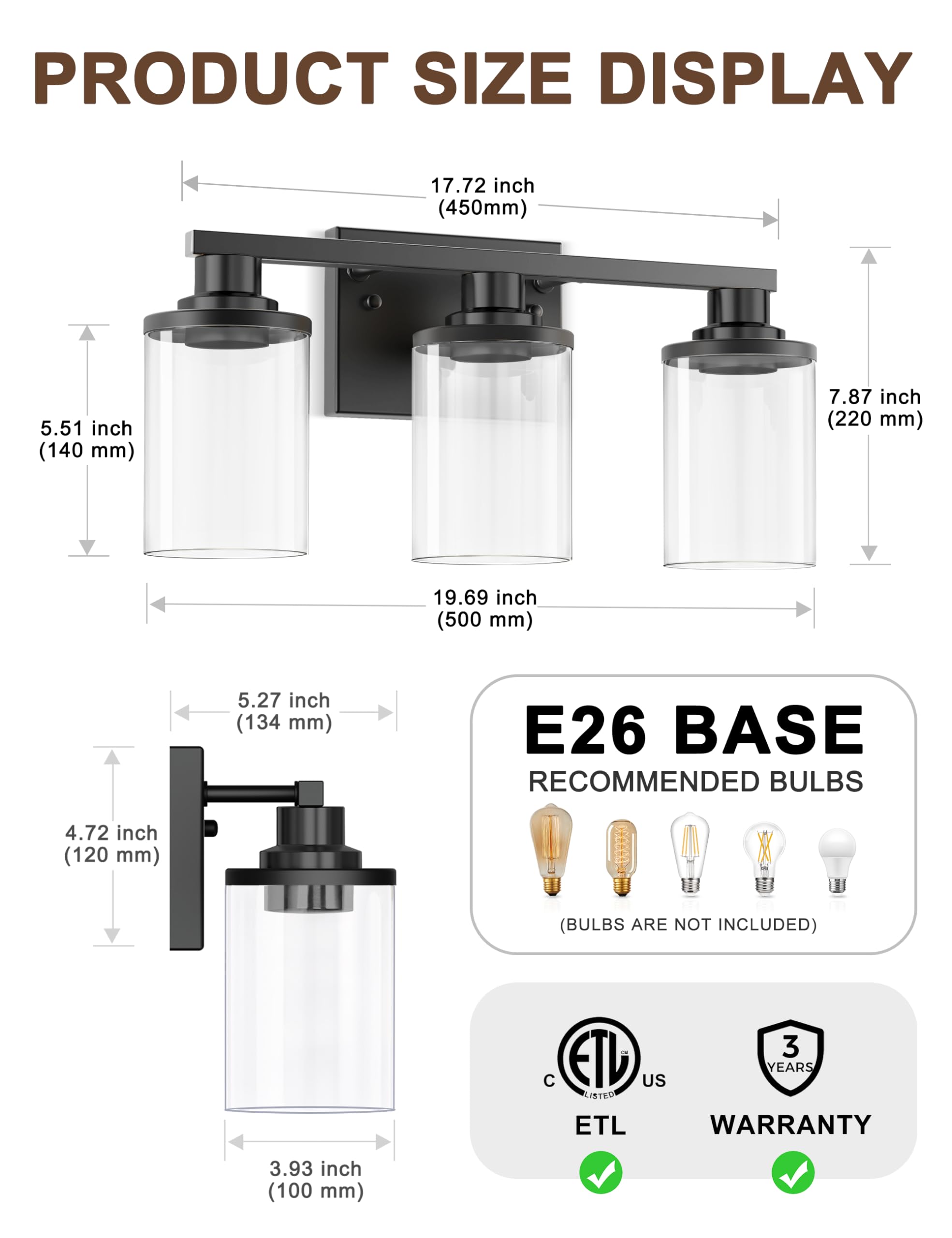 DORESshop 3-Light Bathroom Light Fixtures, Black Vanity Lights with Clear Glass Shade, Model D-JQD05T3BLE26(N)