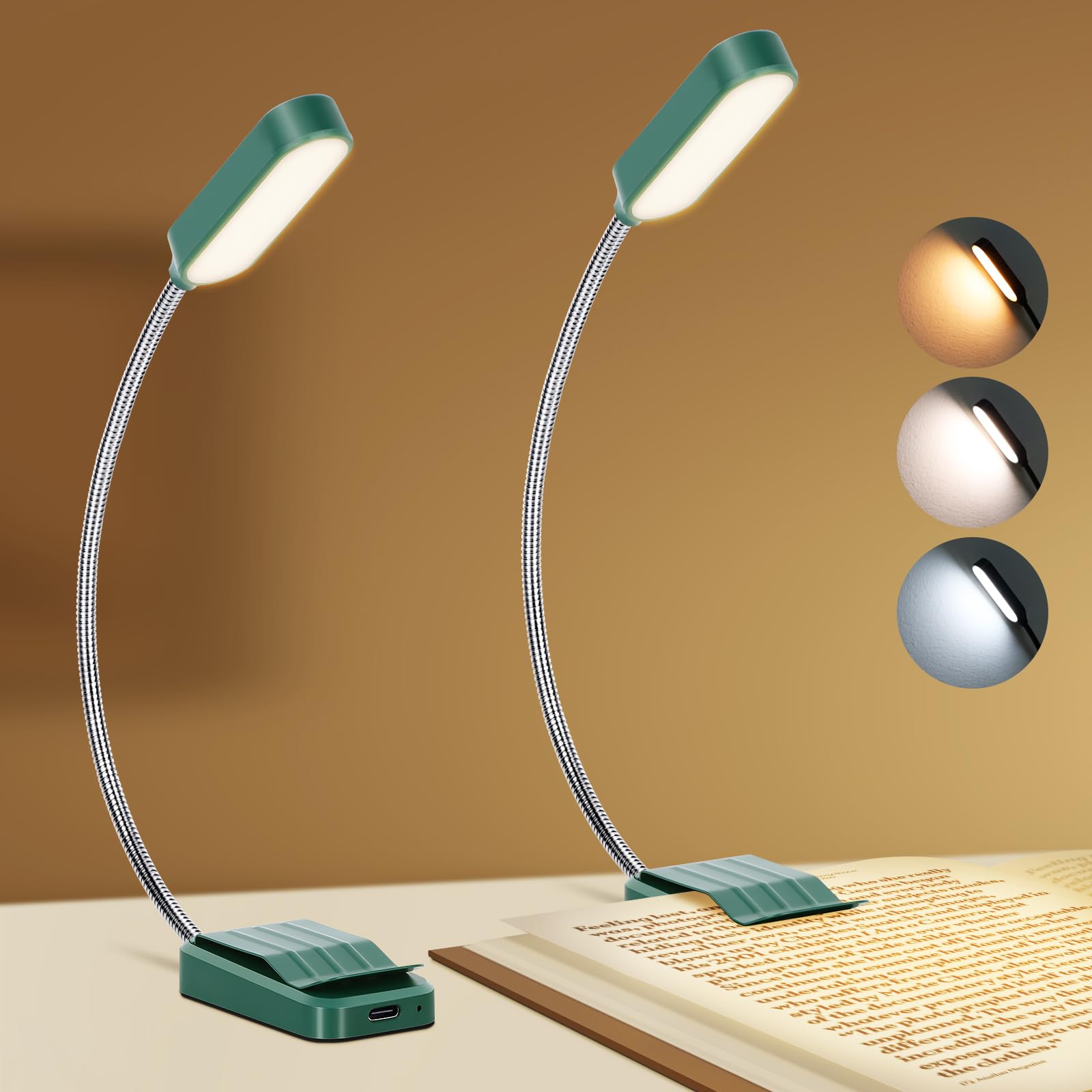Best World LED Book Light 2 Pack, Rechargeable, 3 Colors, Stepless Dimming, Flexible Clip-on, Green, Model WLM310-BLA-1W-03