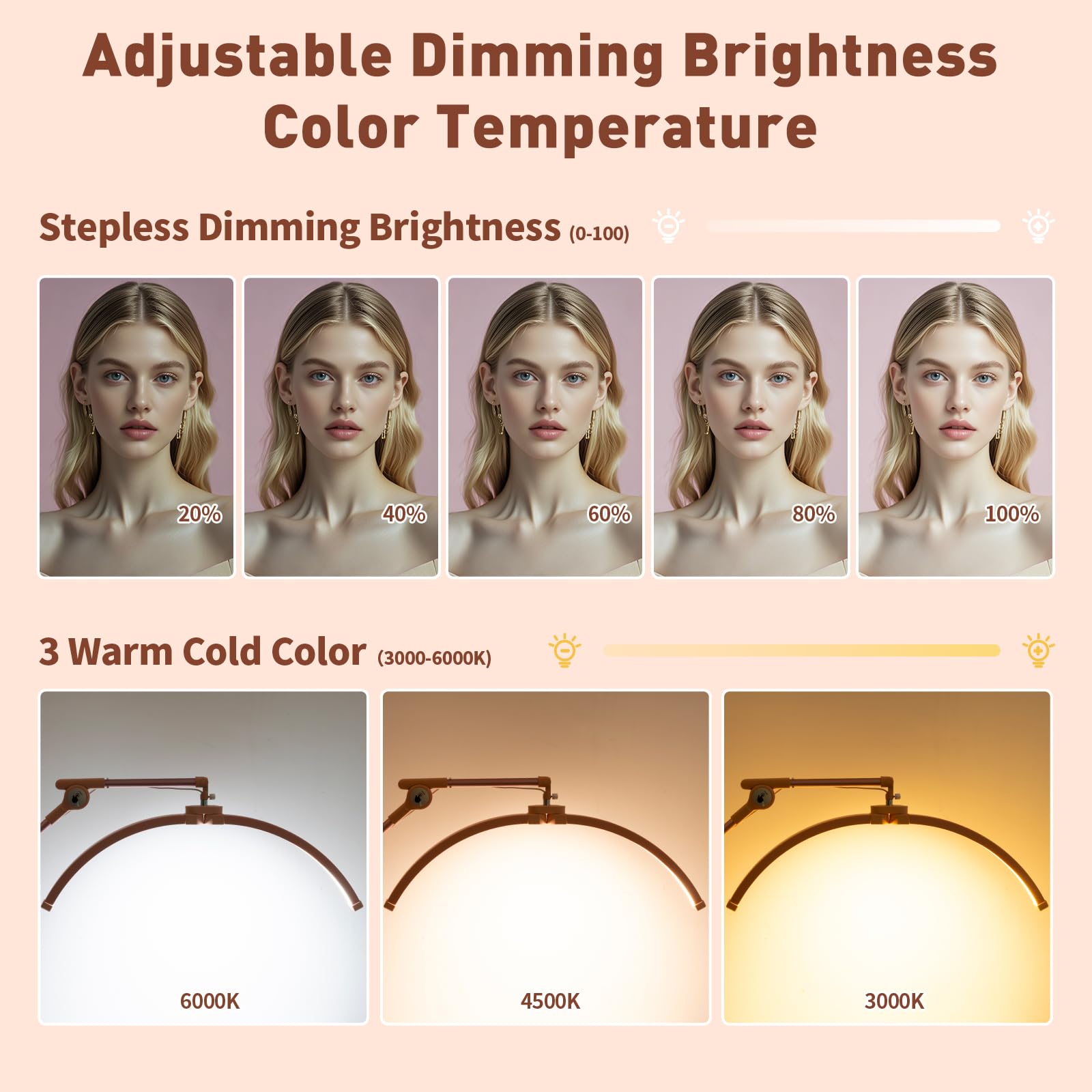 Hitti Half Moon Light For Eyelash Extensions Tattoo Artists  2025 New Upgrad Led Lash Tech Light With 4 Wheel Rolling Base  Large Floor Lamp 5 Color Modes Stepless Dimming & Phone Holder-Pink