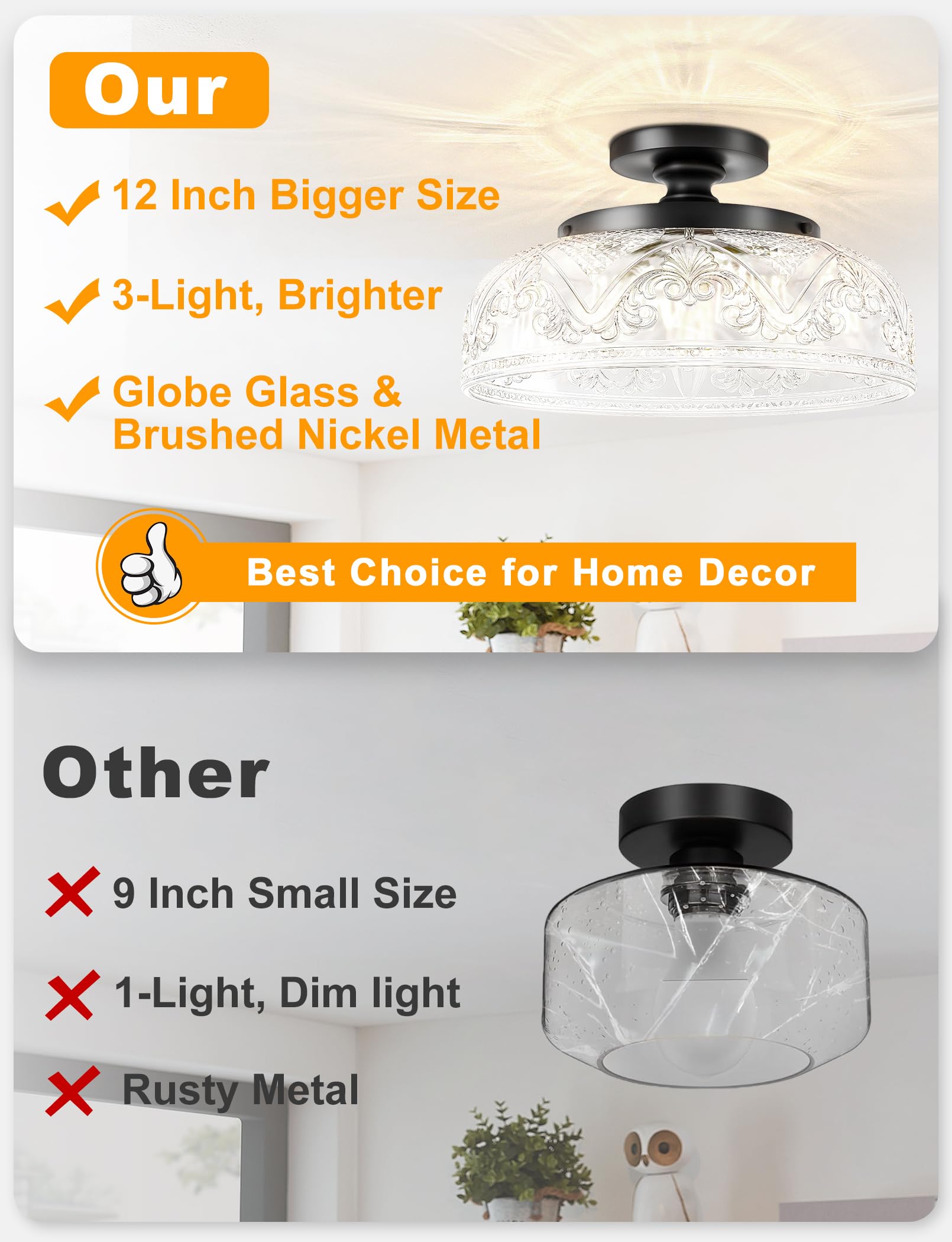 Slypadan Semi Flush Mount Ceiling Light, 12 Inch Black Globe Glass Fixture, 3-Light Industrial Design for Kitchen, Bathroom, Dining Room