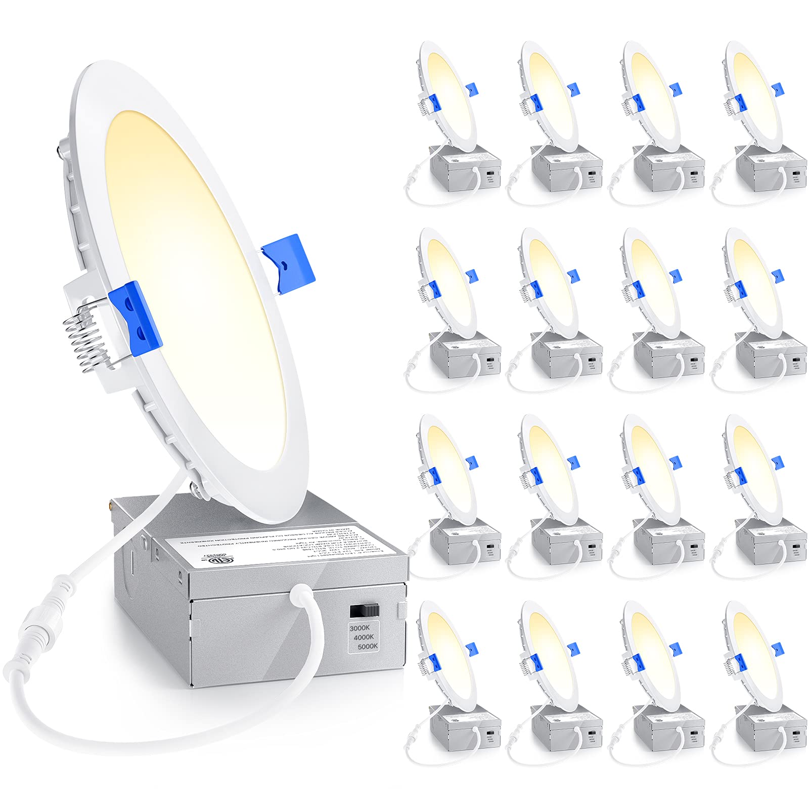 Ensenior 16 Pack Ultra-Thin Led Recessed Lighting 6 Inch 3Cct With Junction Box, 3000K/4000K/5000K Selectable, 12W 110W Eqv, Dimmable Can-Killer Downlight, 1050Lm High Brightness - Etl&Energy Star