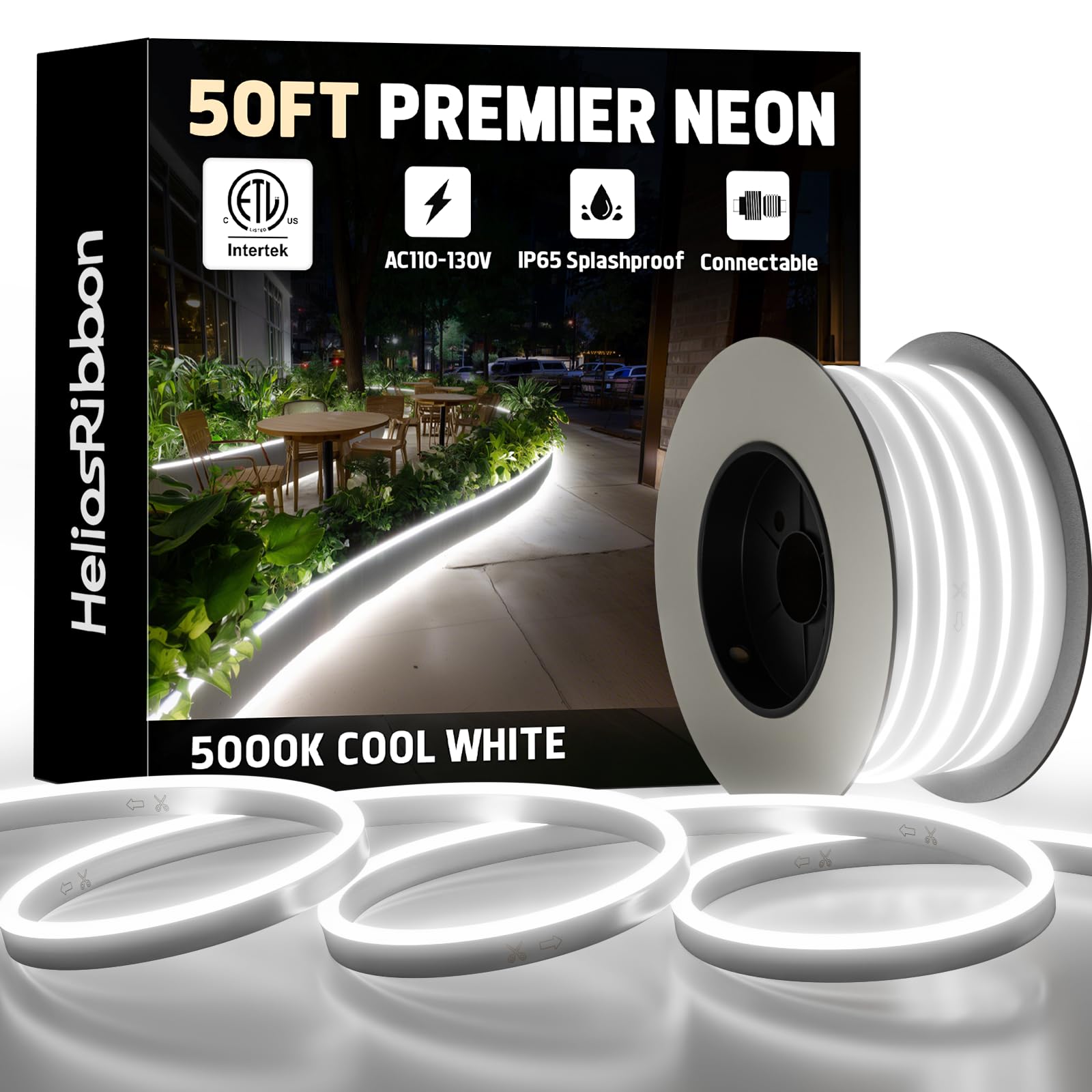 50FT LED Neon Rope Lights 5000K Cool White  ETL Listed 110-120V Outdoor Flexible Neon Band IP65 Waterproof  Connectable and Cuttable  for Home Commercial Contour Landscape Ambient Lighting Decor