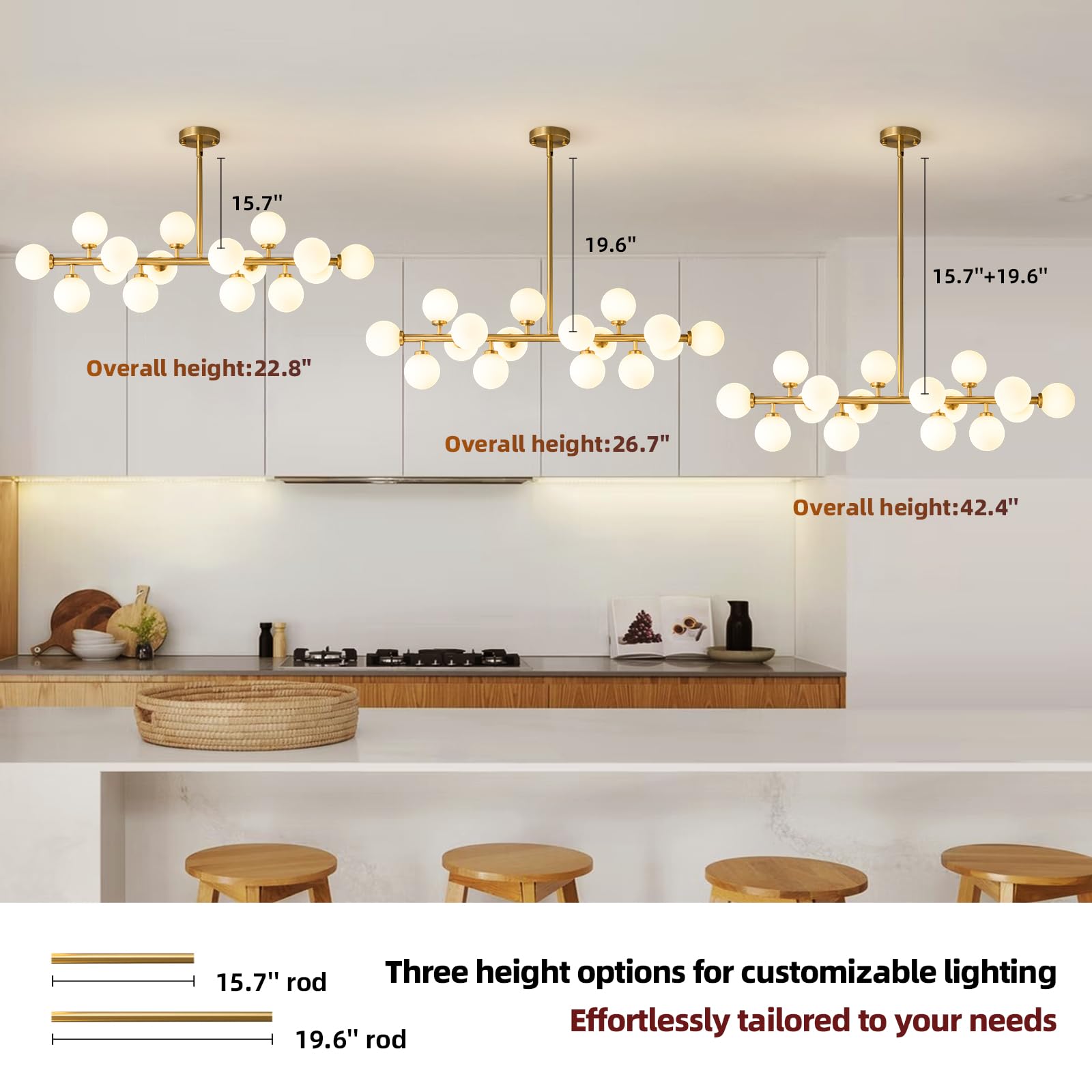 ALIYIQI Mid Century Modern Sputnik Chandelier, 16-Light Linear Fixture, Brass & Milky White Glass, Ideal for Dining Room & Kitchen Island