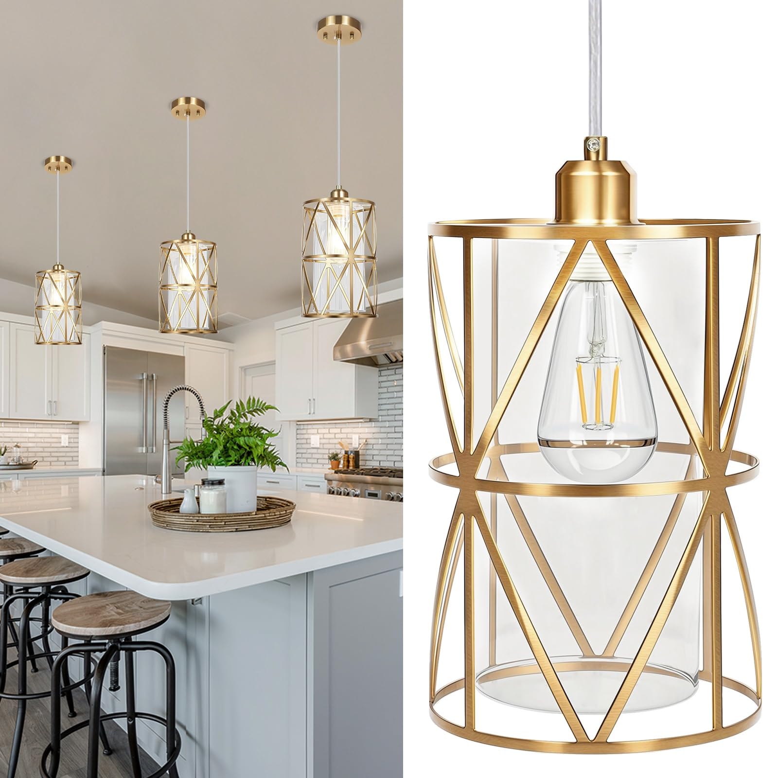 Zlierop Brushed Gold Pendant Light, Modern Kitchen Pendant Lighting Over Island, Pendant Lighting with Clear Glass Shade, Glass 