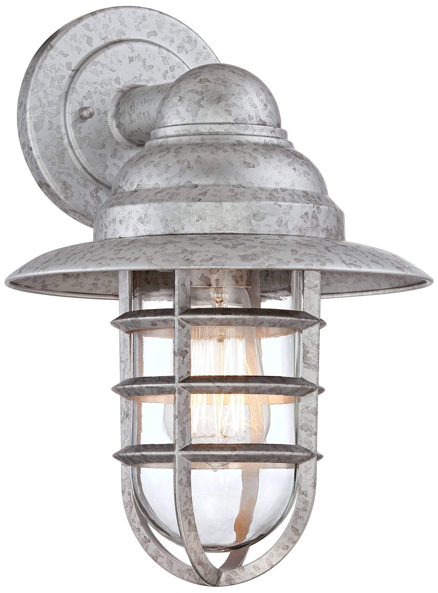 John Timberland Outdoor Wall Light Fixture Set of 2, Hooded Cage, Galvanized Metal, Clear Glass Shade, Silver, Model 886305419316