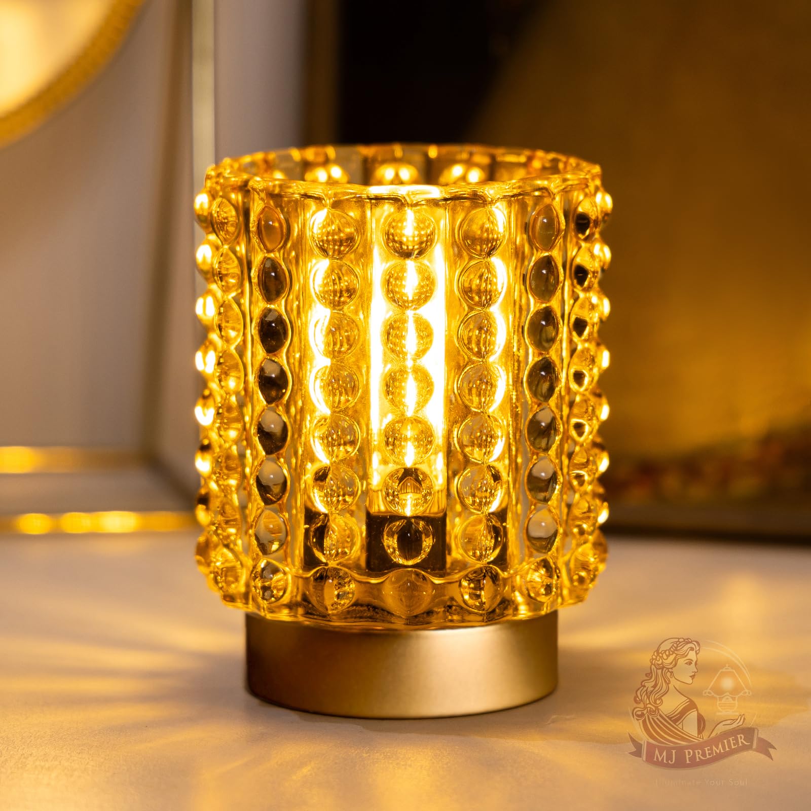 Battery Operated Lamp with Timer  Mini Crystal Table Lamps for Home Decor  Small Cordless Lamp for Areas No Outlets  Glass Battery Powered Lamps for Entryway  Bedroom  Bathroom  Shelf  Corner(Yellow)
