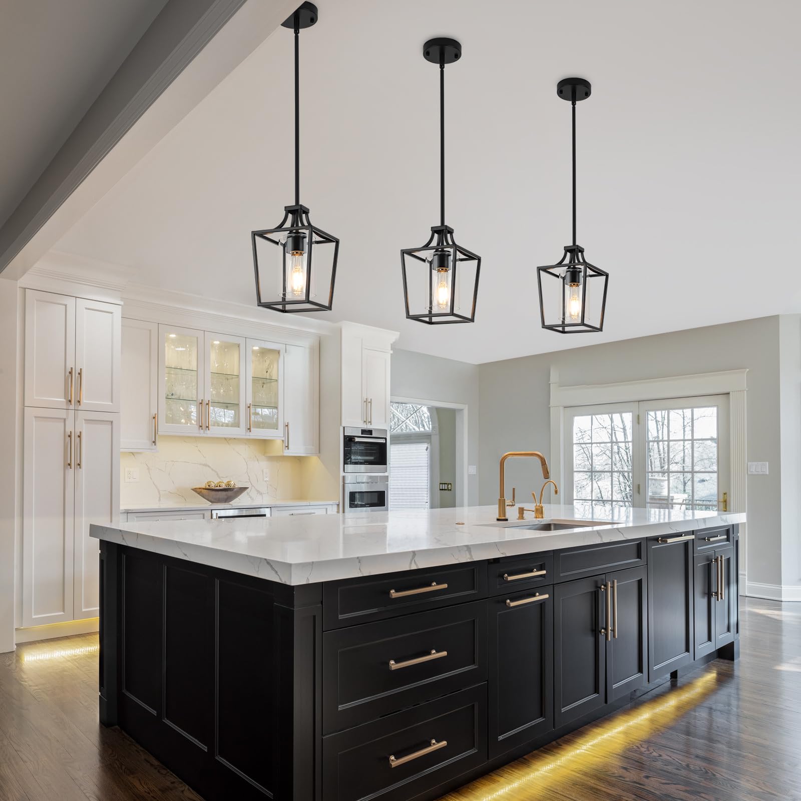 Foucasal Black Pendant Light Fixture Lantern With Clear Glass Shade, Adjustable Height Rods For Kitchen Island, Dining Room, Kit