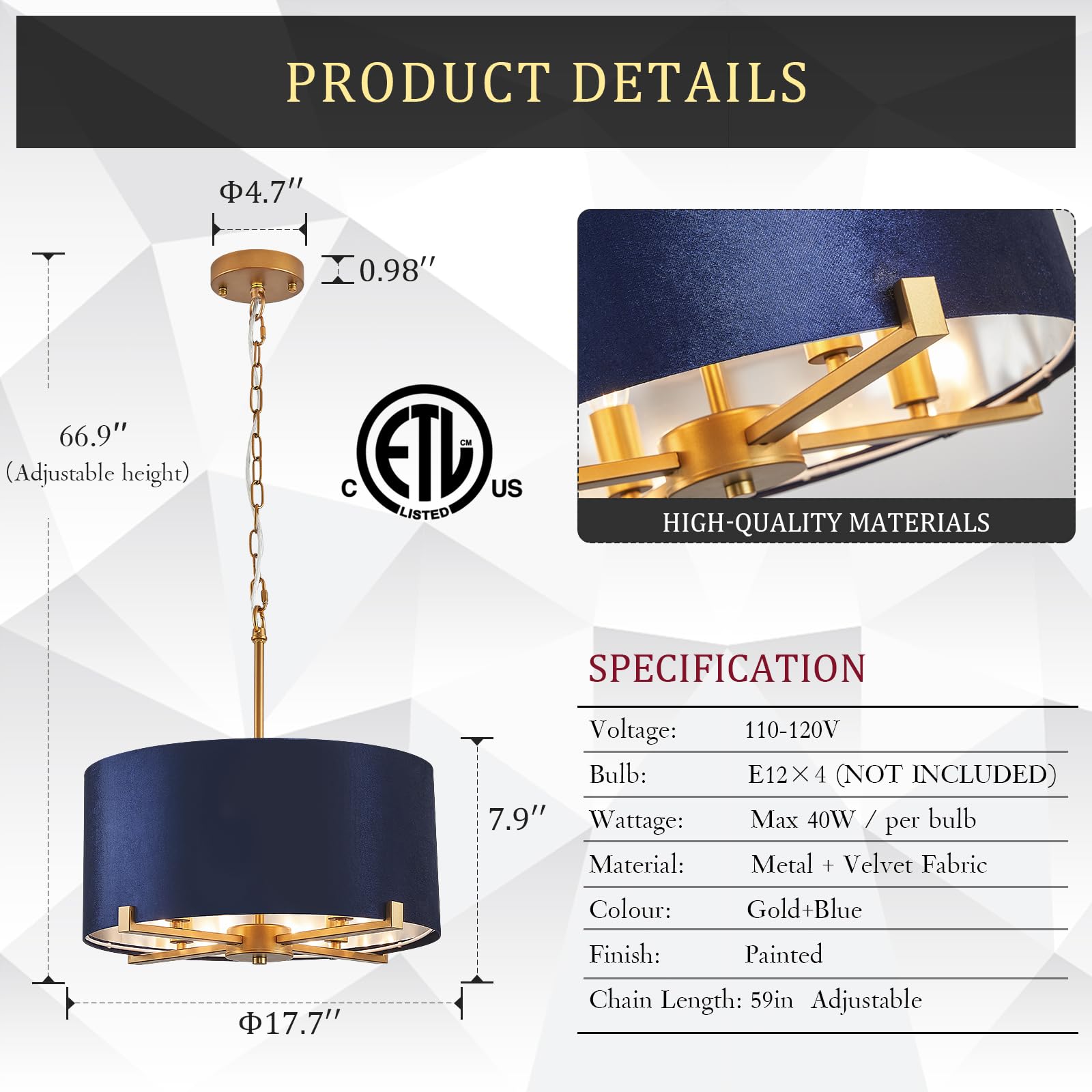 CATINER Drum Chandelier, 18” Blue & Gold Pendant Light, Velvet Fabric Shade, 4 Lights, Modern Semi Flush Mount for Dining Room & Hallway