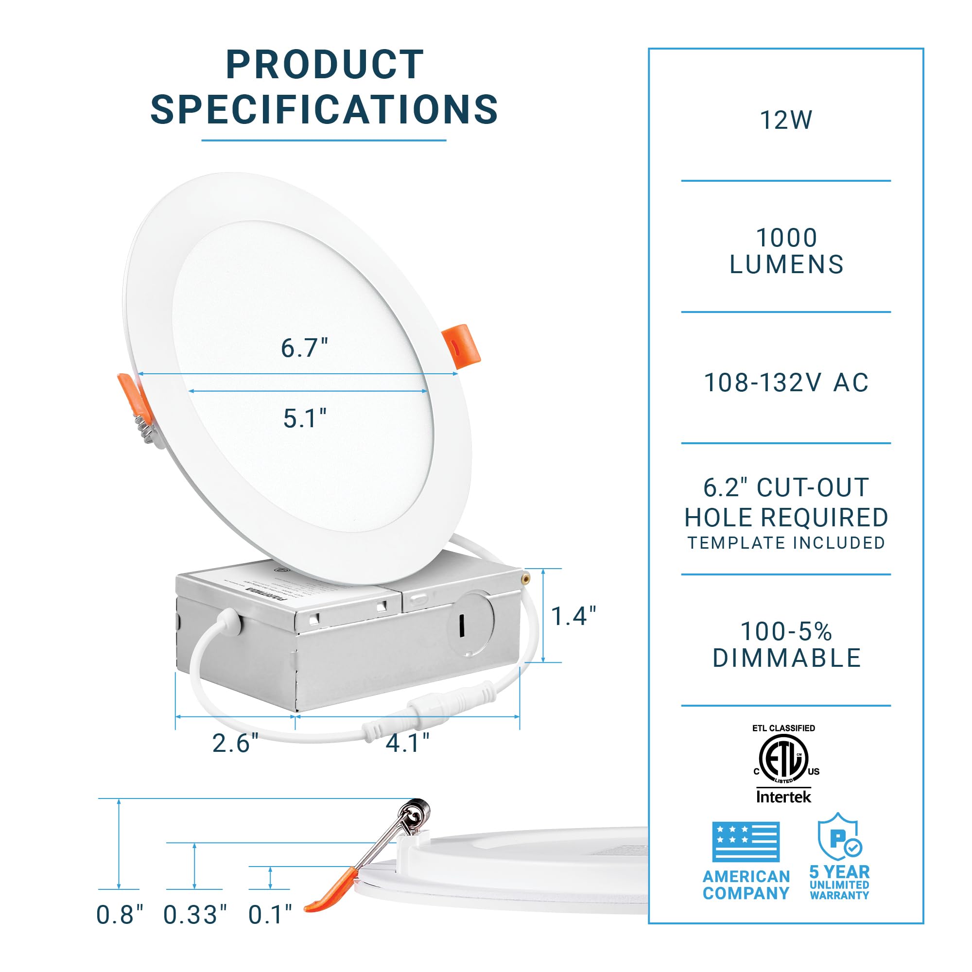 Parmida (12 Pack) 6 Inch Ultra-Thin Led Recessed Ceiling Light With Junction Box, 12W, Dimmable Canless Wafer Slim Panel Downlight, Ic Rated, Etl-Listed - 5000K