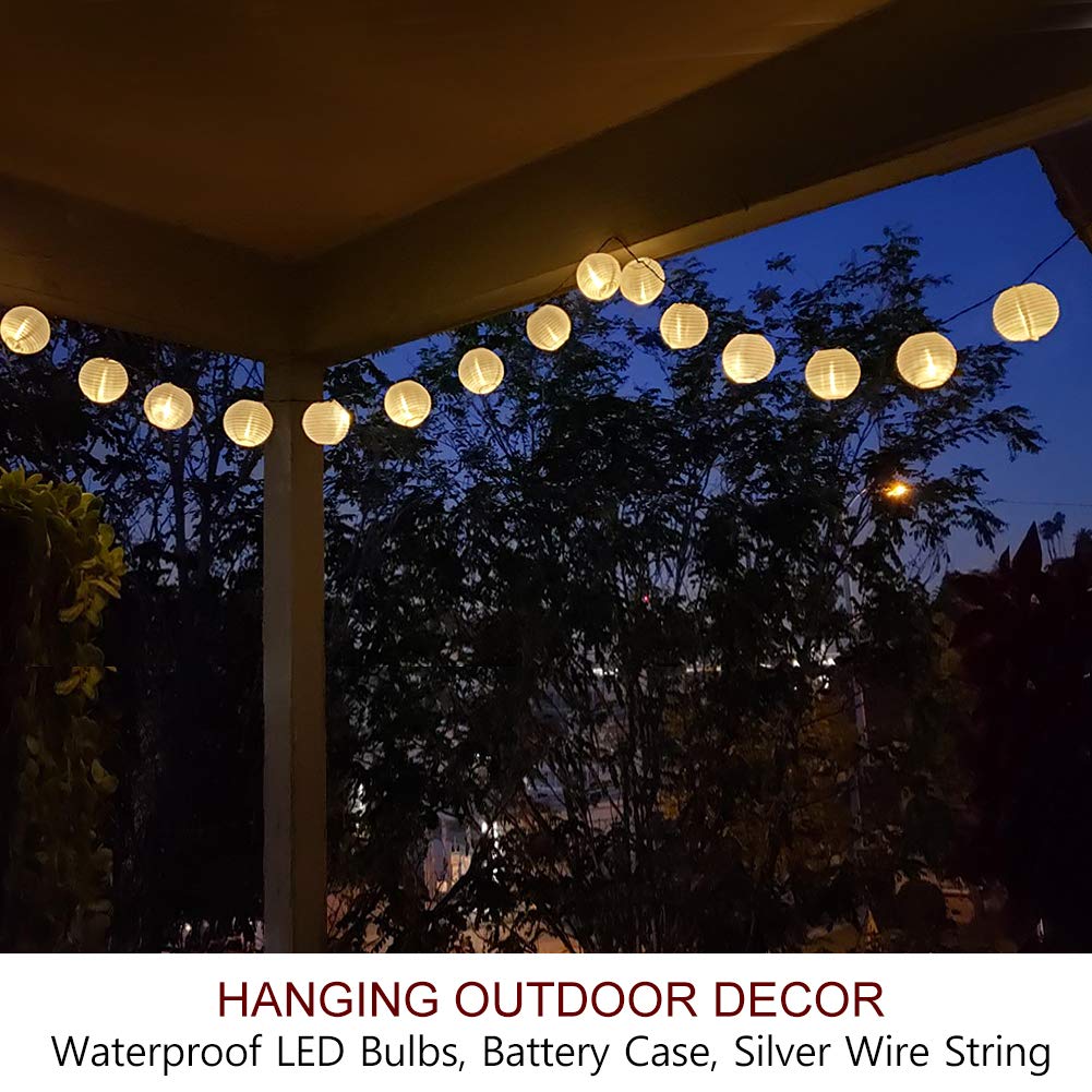 Bright Zeal 20' Long 30 Led Lanterns String Lights Battery Powered - Indoor Outdoor 3" White Silk-Like Cloth Round Mini Lantern String Lights For Yard Bedroom Wedding