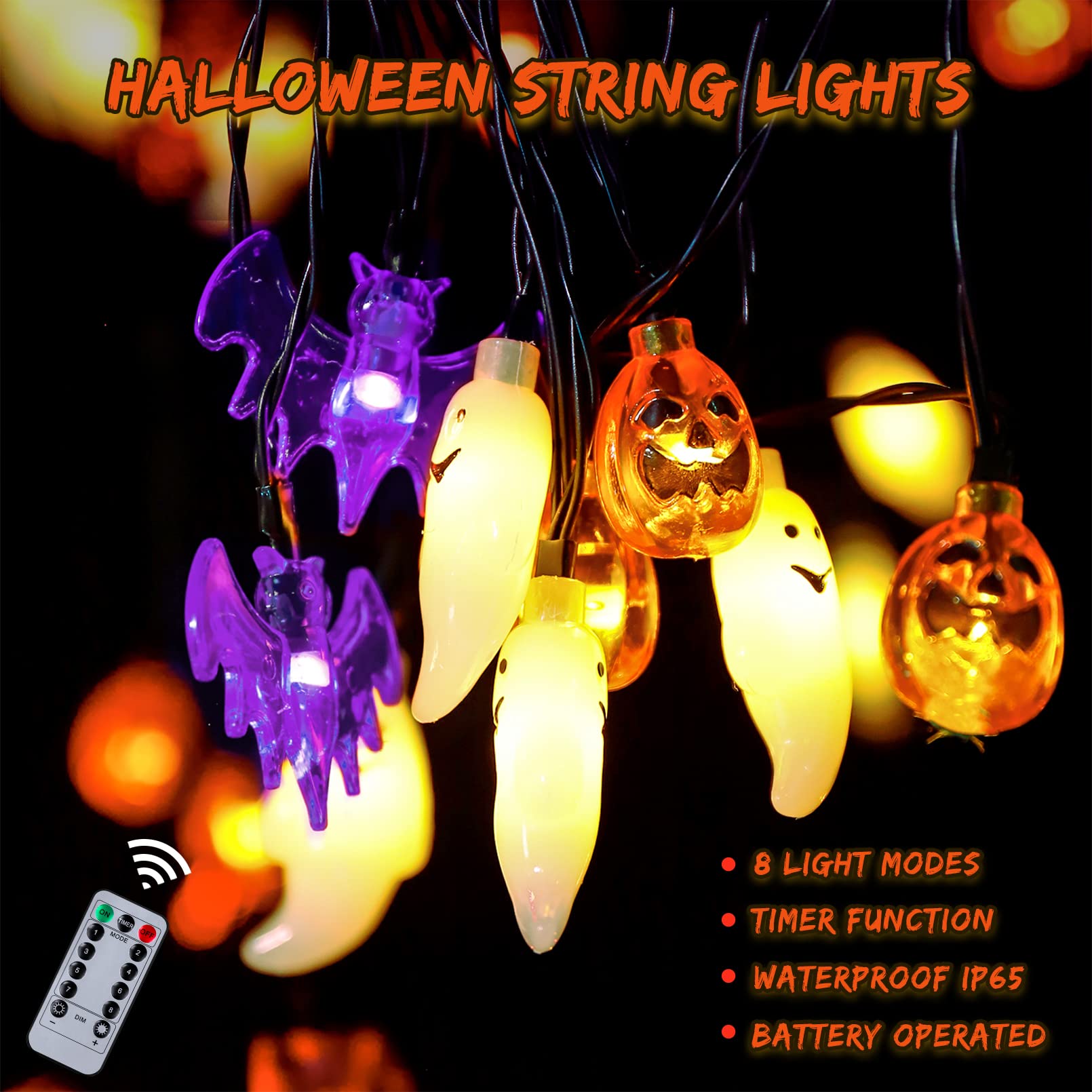 Mosoan Halloween String Lights Battery Operated 20 Feet 30 Led 3D Pumpkin Bat Ghost Lights With Timer - 8 Light Modes Halloween Decorations Lights Indoor Outdoor Cute Halloween Party Decor (Upgrade)