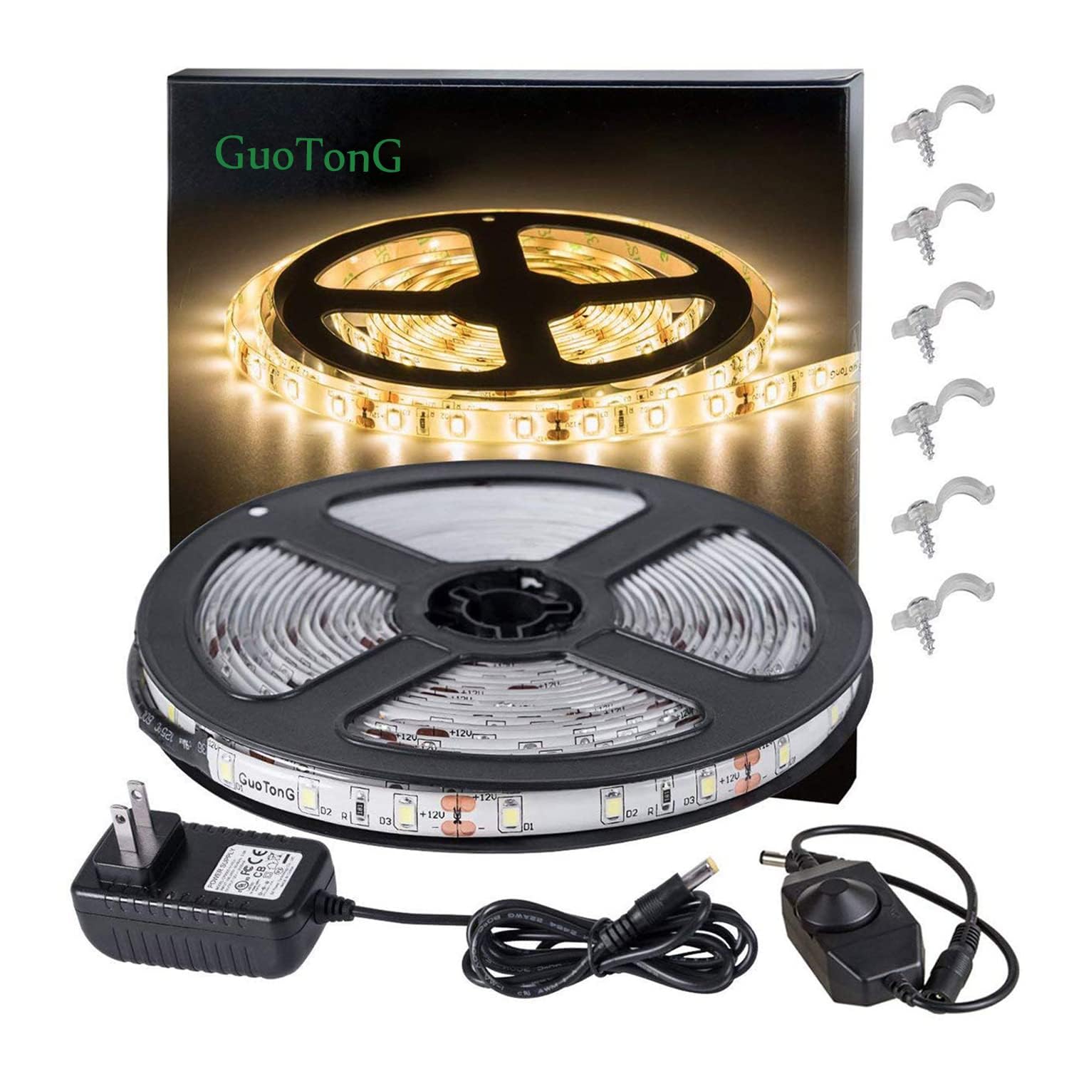 GUOTONG Warm LED Strip Lights, Waterproof 300 SMD 2835, 12V Flexible Ribbon, 16.4ft, Yellow, Kitchen/Outdoor Lighting
