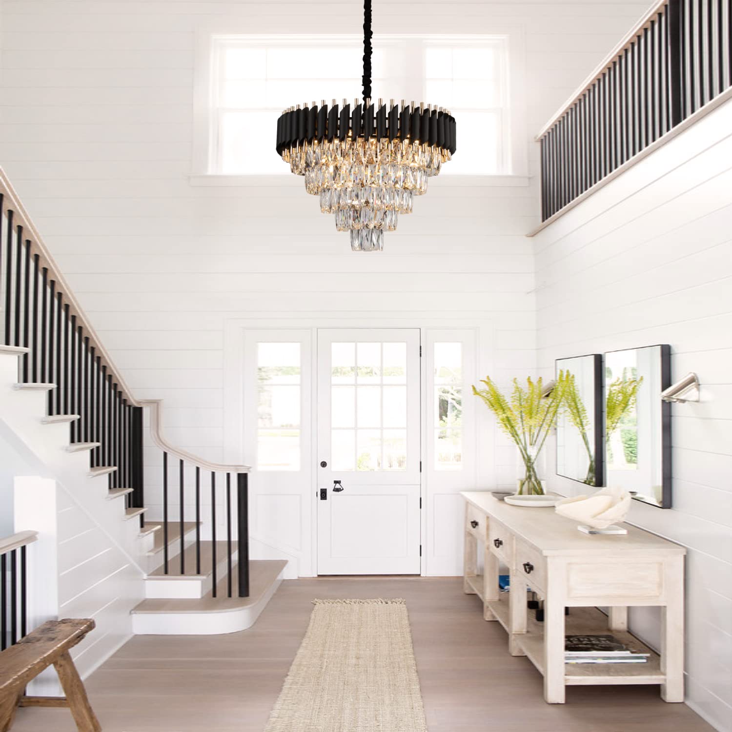 AXILIXI Crystal Chandelier, 24" Modern K9 Crystal Pendant Lighting, Black & Gold, 5 Tiers for Living Room, Entryway, Dining Room